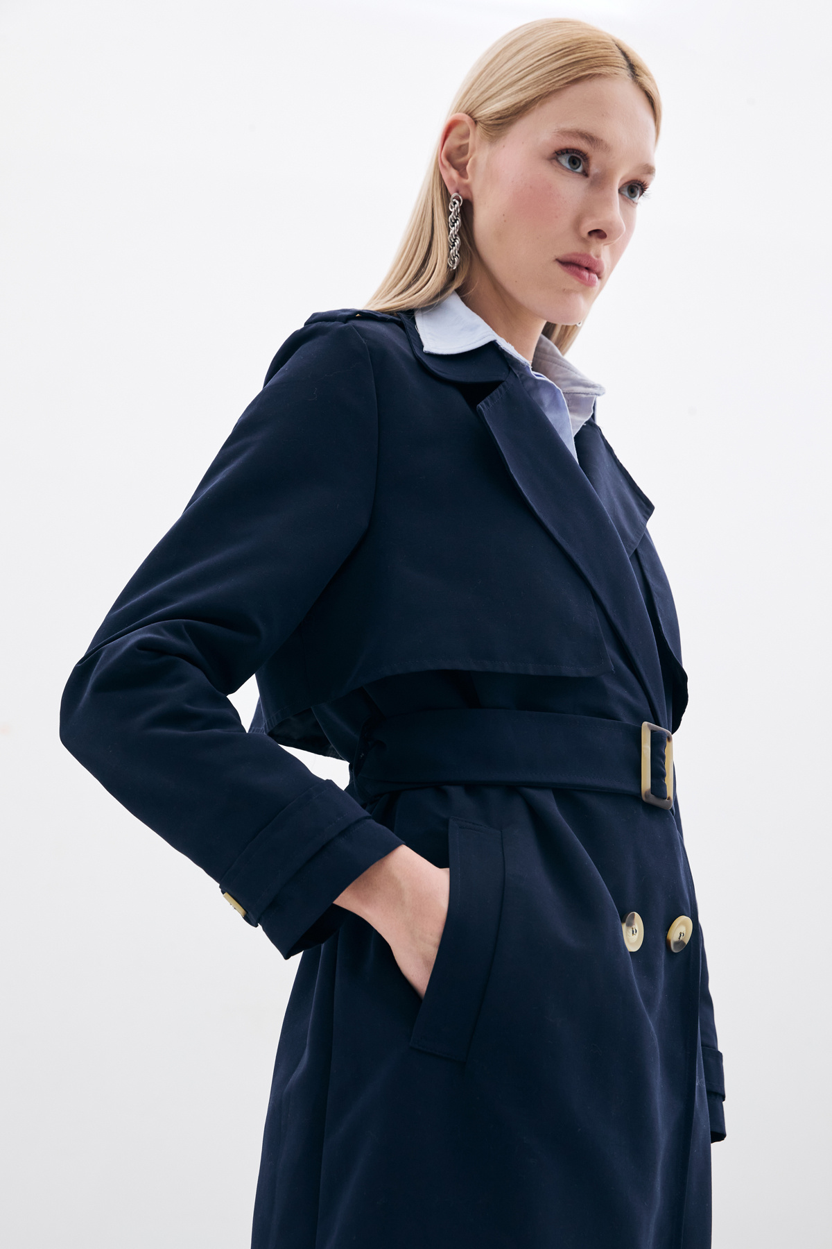 Kemerli Uzun Trençkot - Lacivert