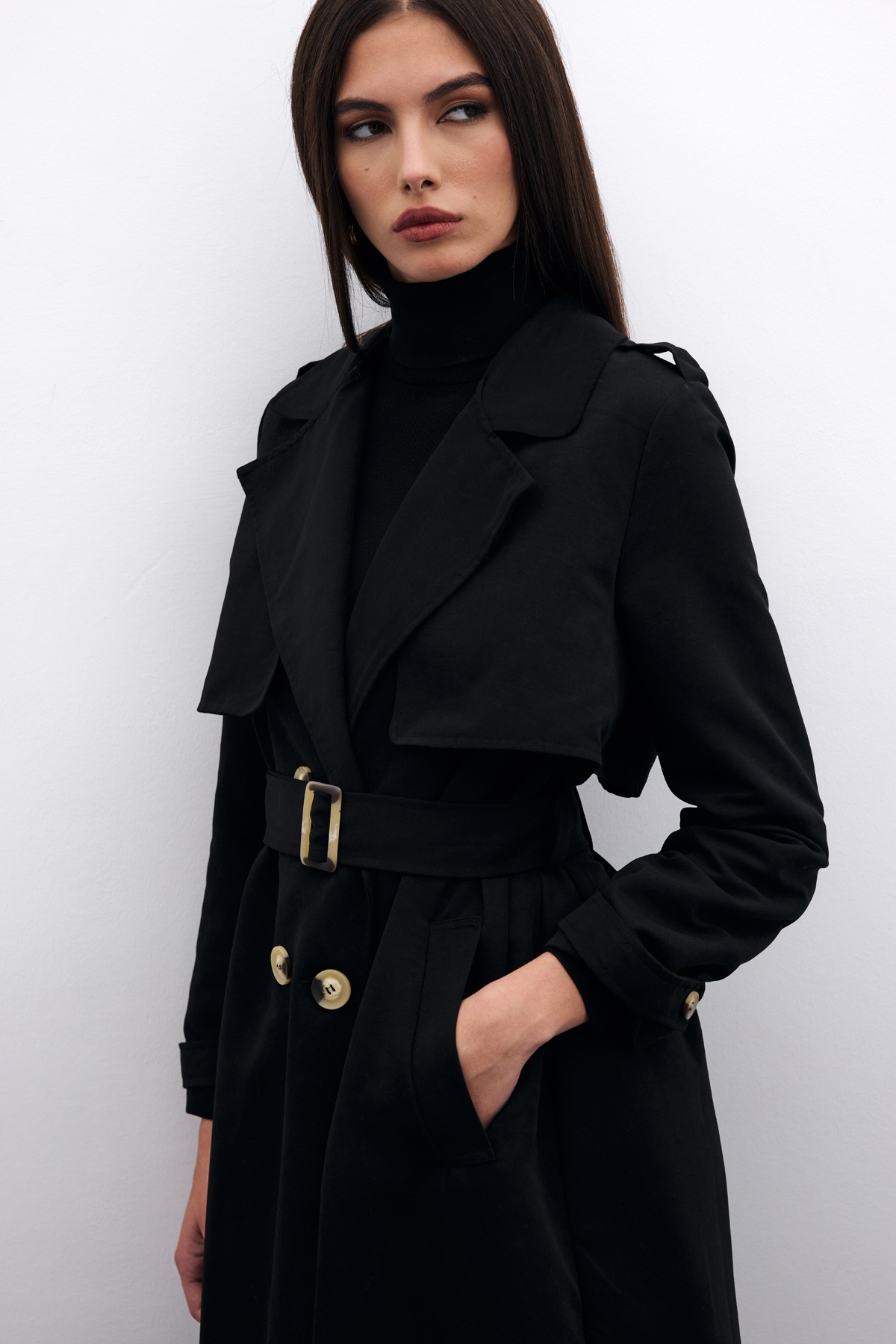 Kemerli Uzun Trençkot - Siyah