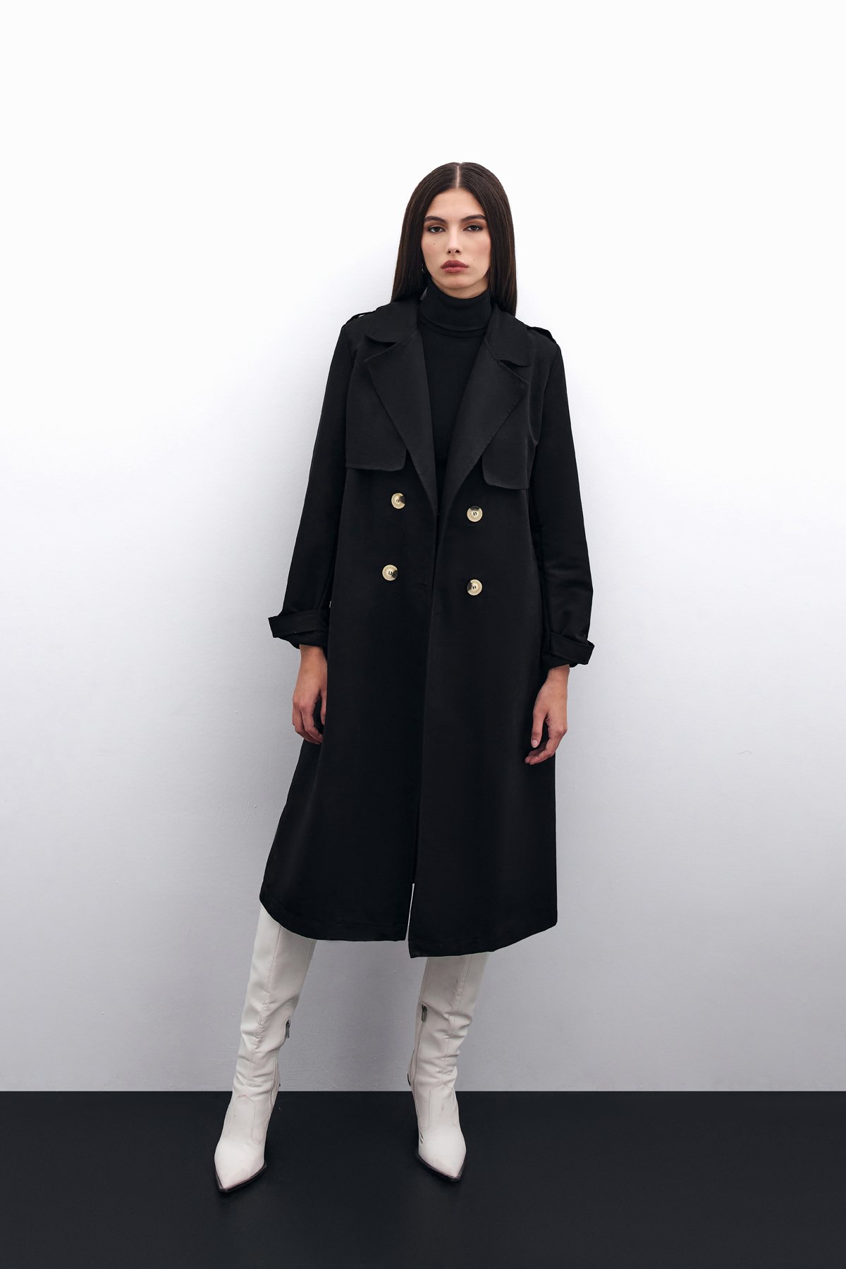 Kemerli Uzun Trençkot - Siyah