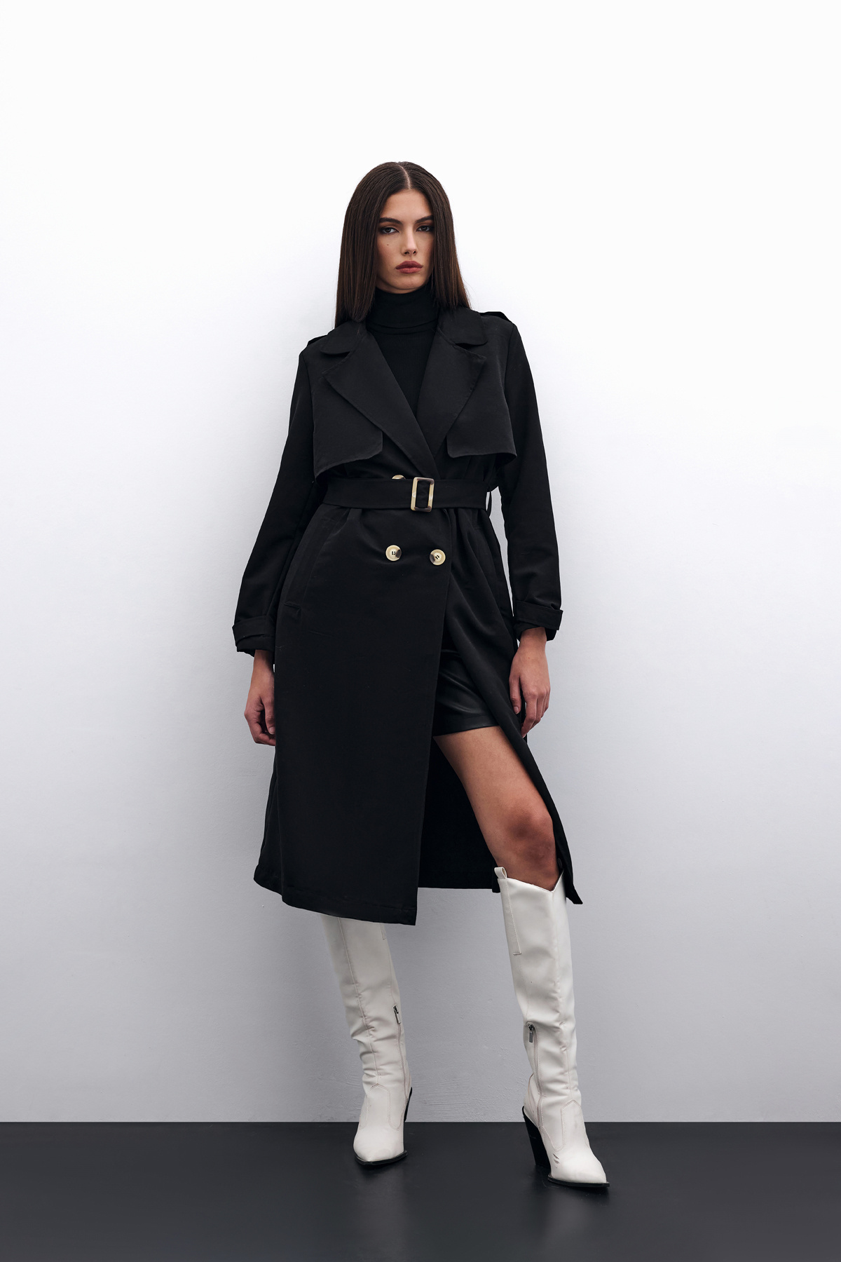 Kemerli Uzun Trençkot - Siyah