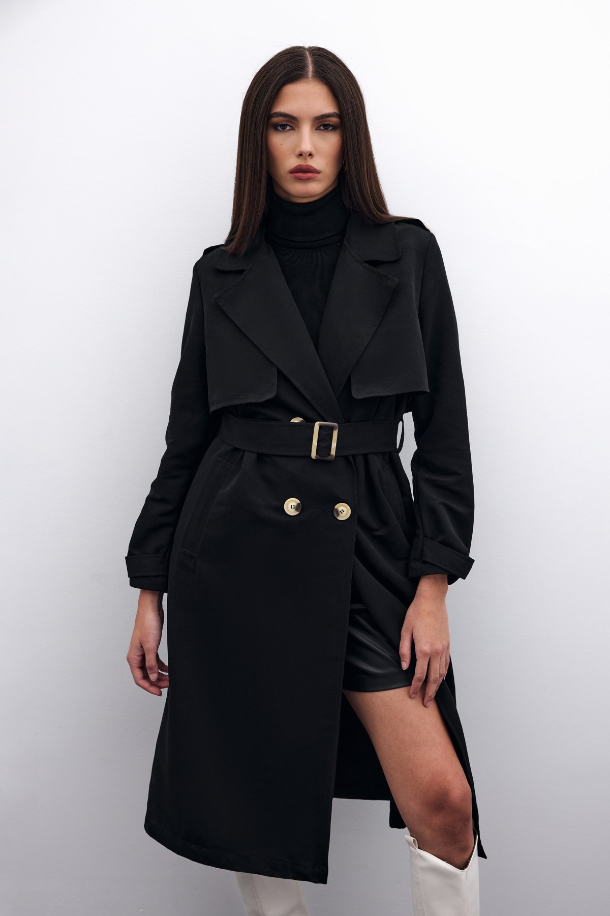 Kemerli Uzun Trençkot - Siyah