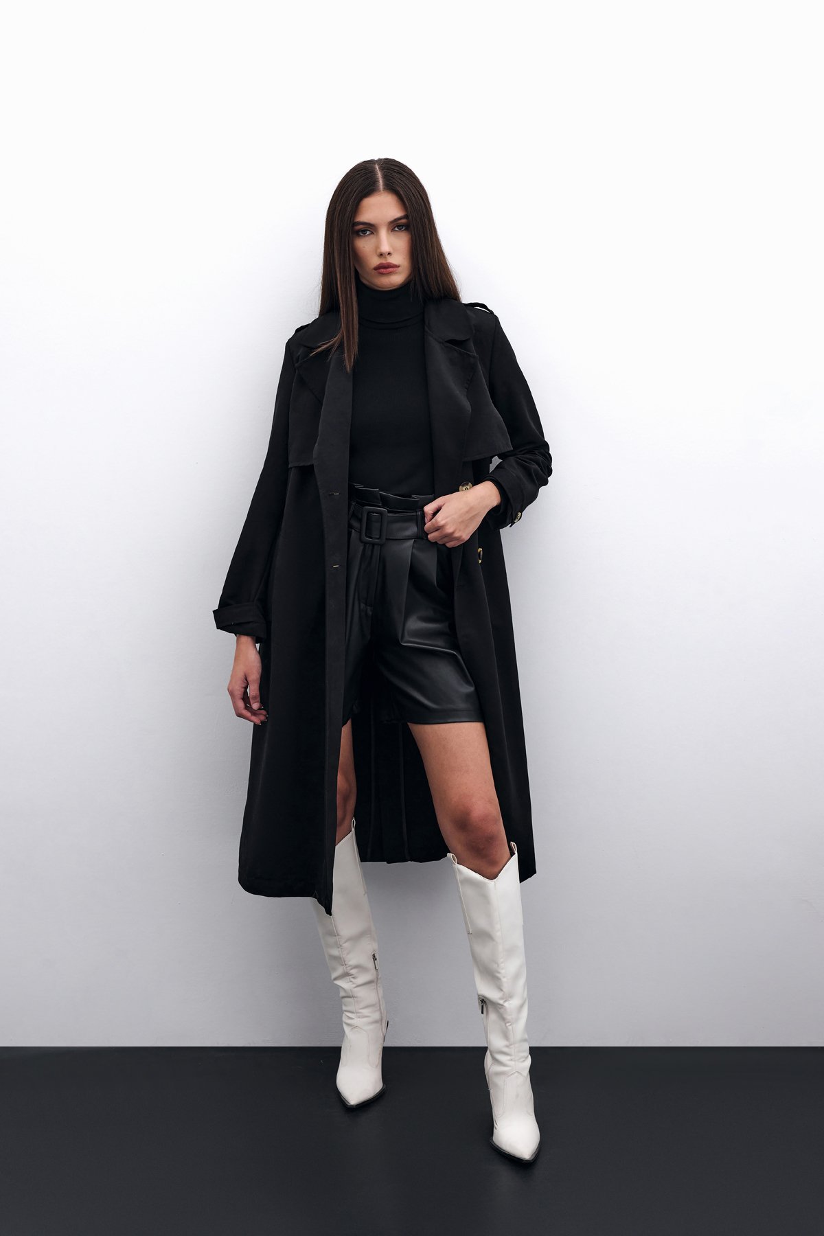Kemerli Uzun Trençkot - Siyah