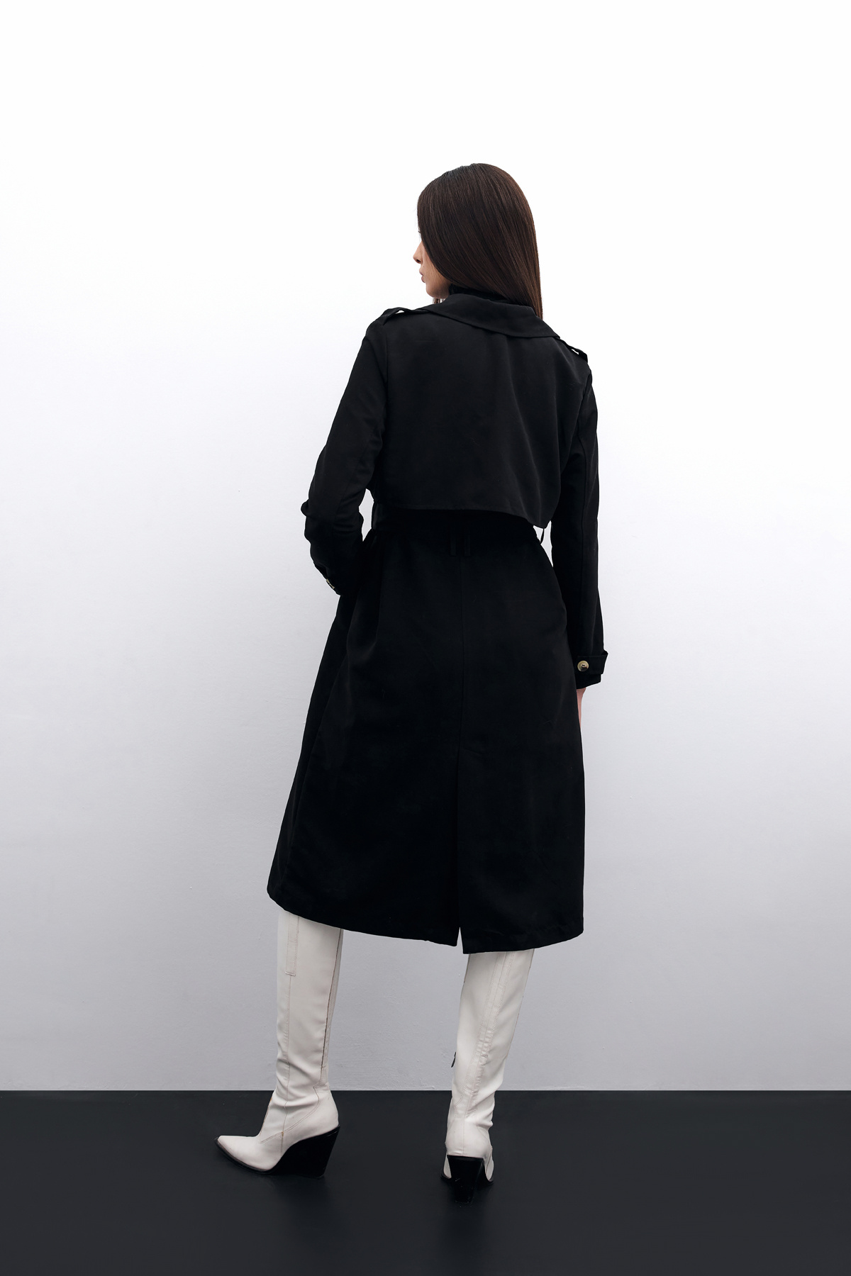 Kemerli Uzun Trençkot - Siyah