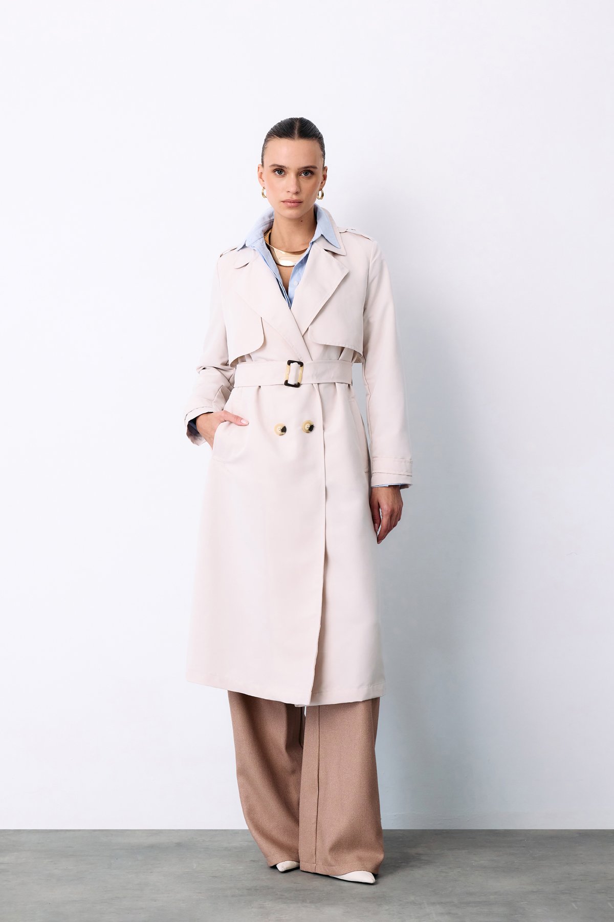 Kemerli Uzun Trençkot - TAŞ