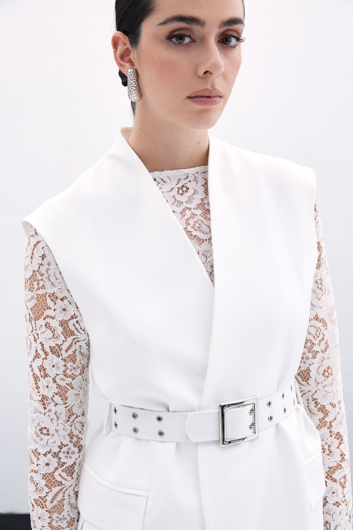 Kemerli Uzun Yelek - Ekru