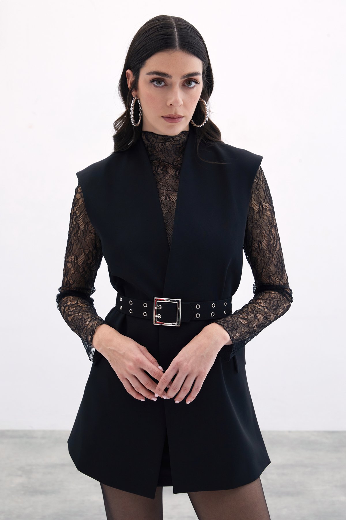 Kemerli Uzun Yelek - Siyah