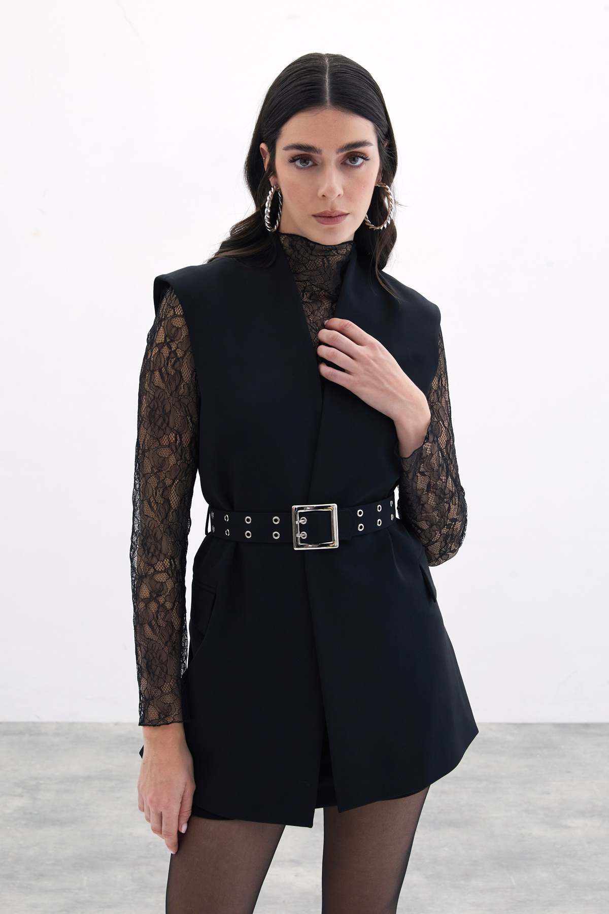 Kemerli Uzun Yelek - Siyah