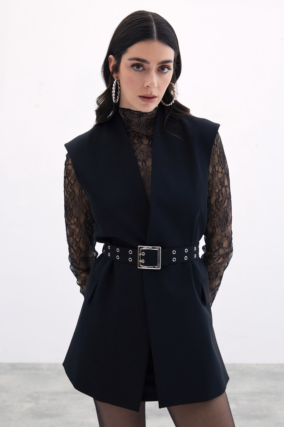 Kemerli Uzun Yelek - Siyah