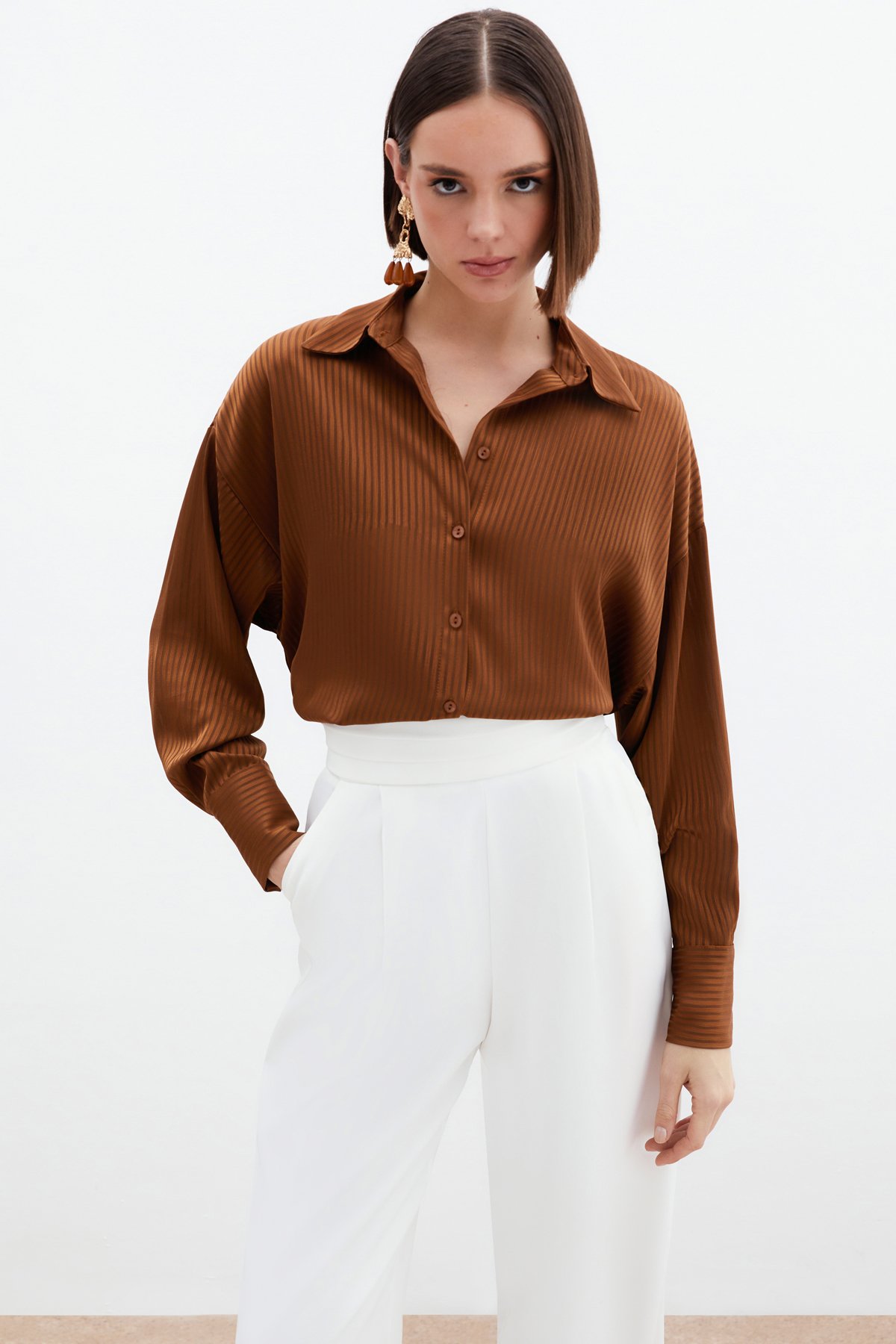 Kendinden Çizgi Desenli Gömlek - Kahve