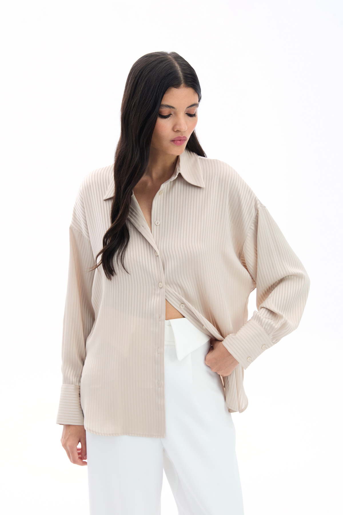 Kendinden Çizgi Desenli Gömlek - Taş