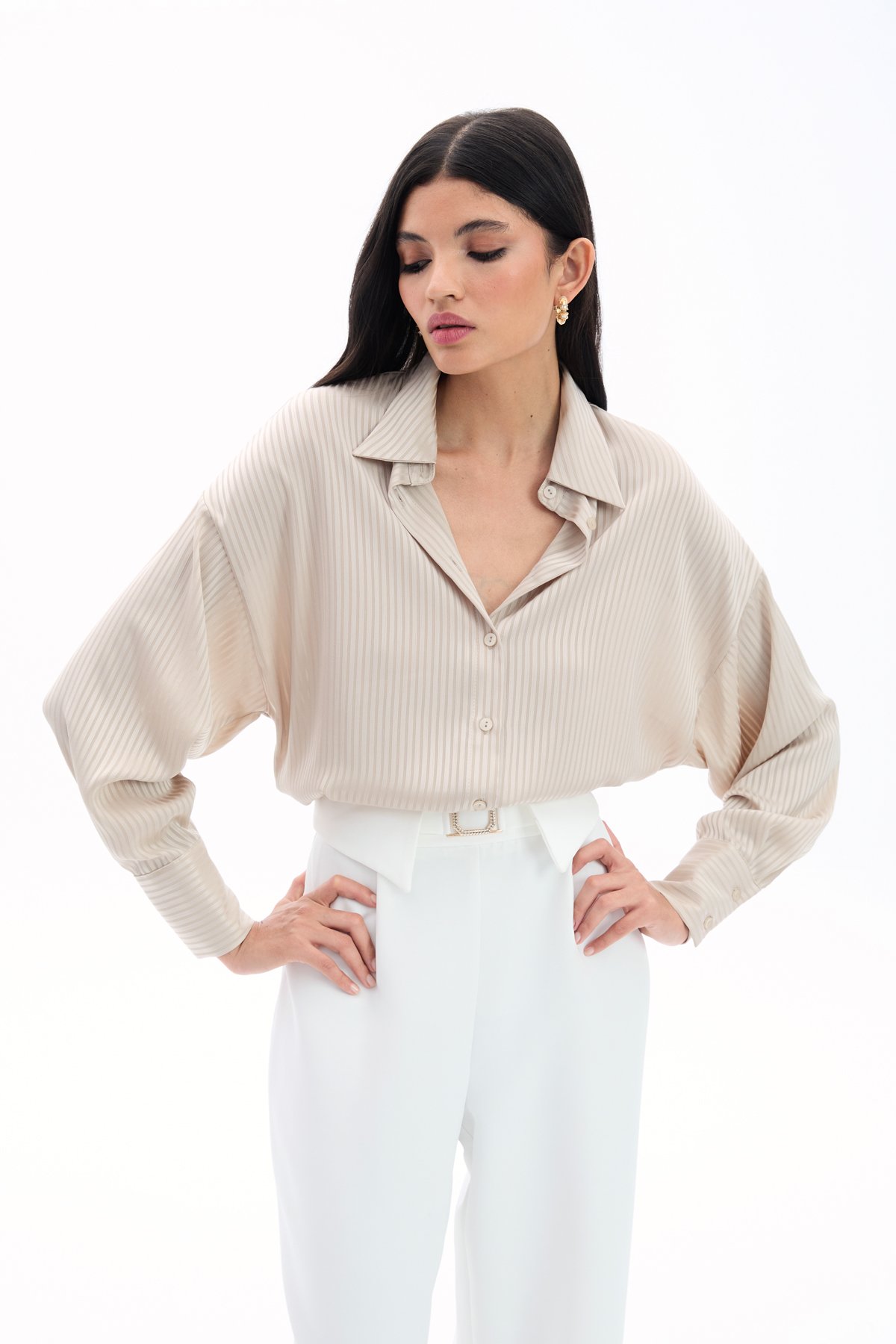 Kendinden Çizgi Desenli Gömlek - Taş