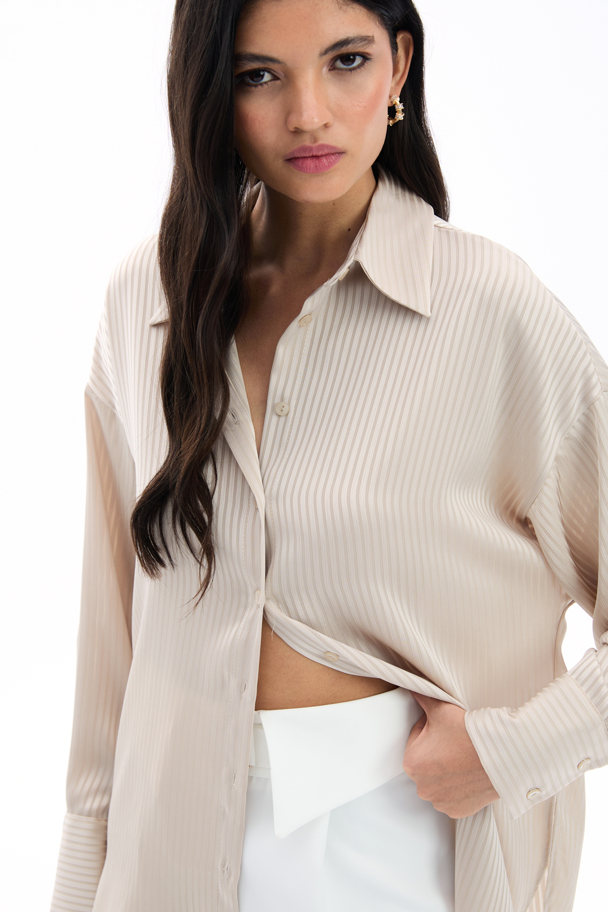 Kendinden Çizgi Desenli Gömlek - Taş