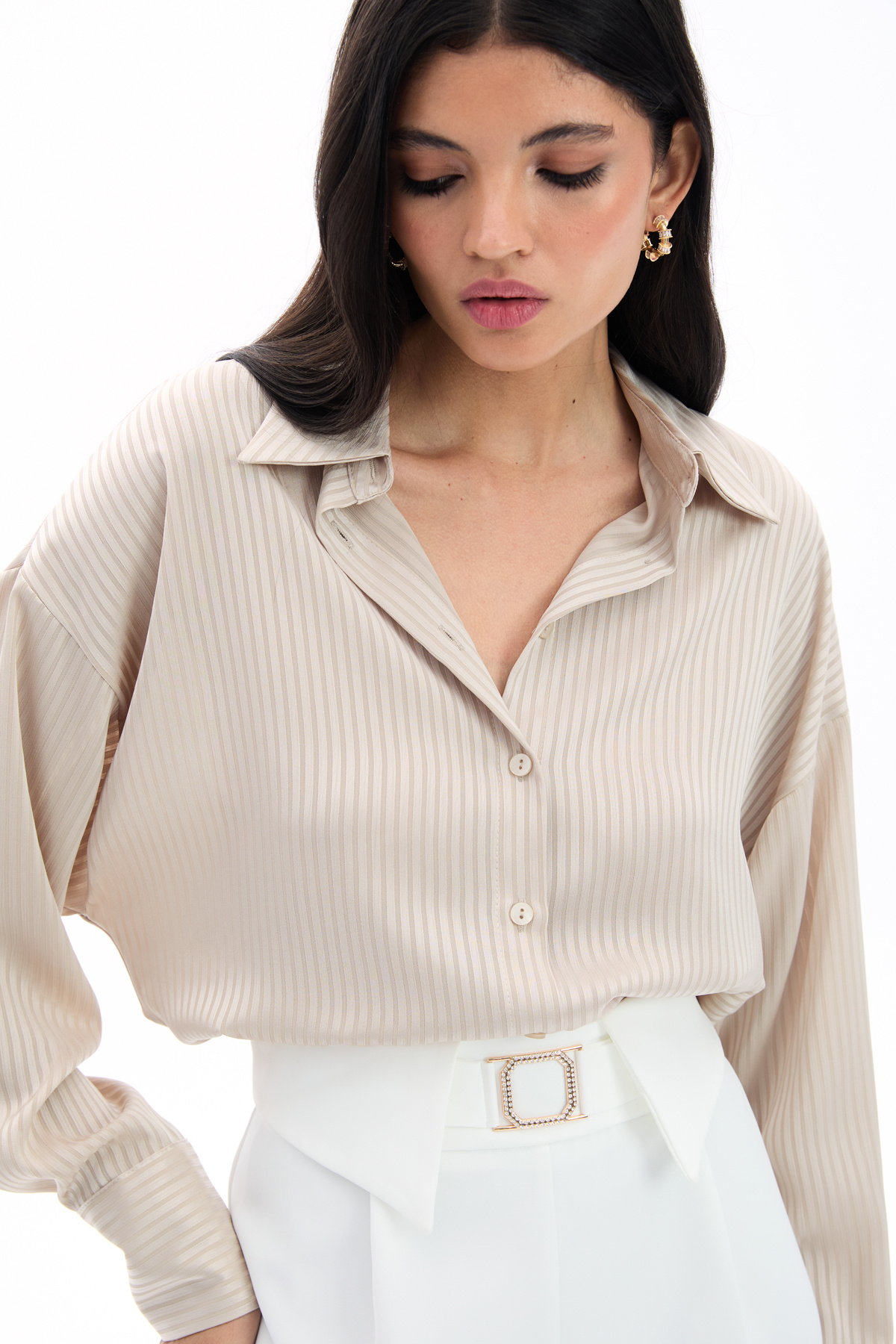 Kendinden Çizgi Desenli Gömlek - Taş