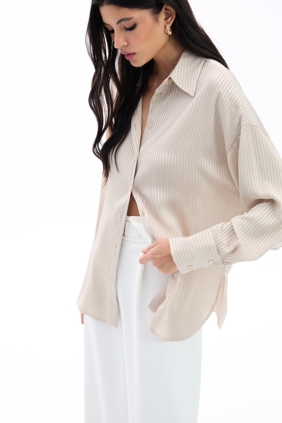 Kendinden Çizgi Desenli Gömlek - Taş