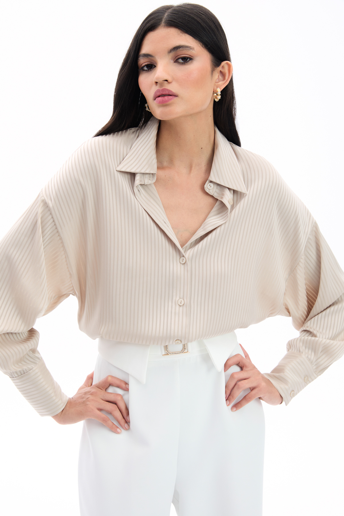 Kendinden Çizgi Desenli Gömlek - Taş