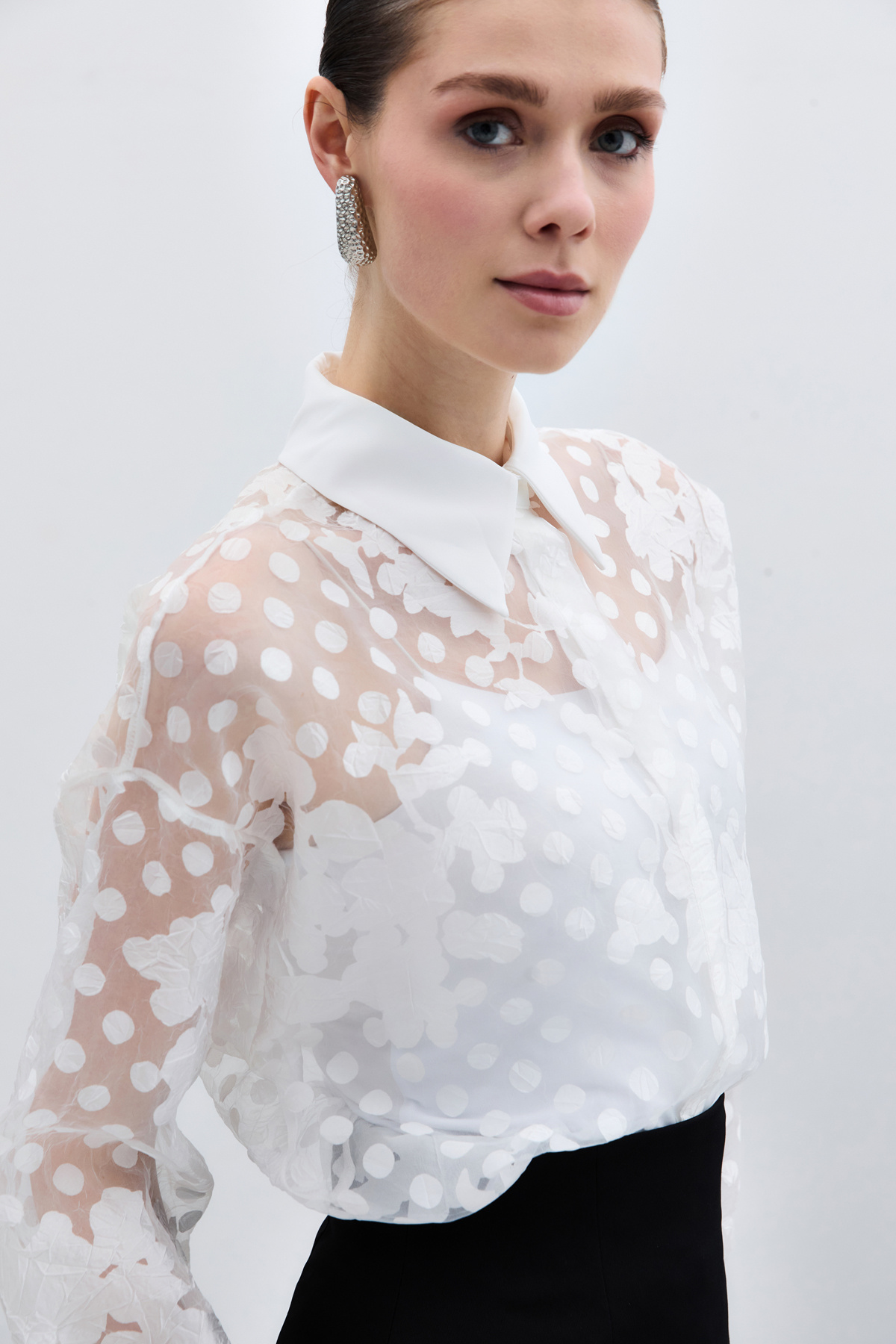 Kendinden Desenli Gömlek - Ekru