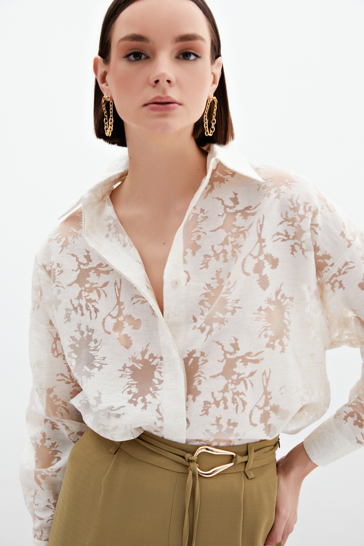 Kendinden Desenli Salaş Gömlek - Krem