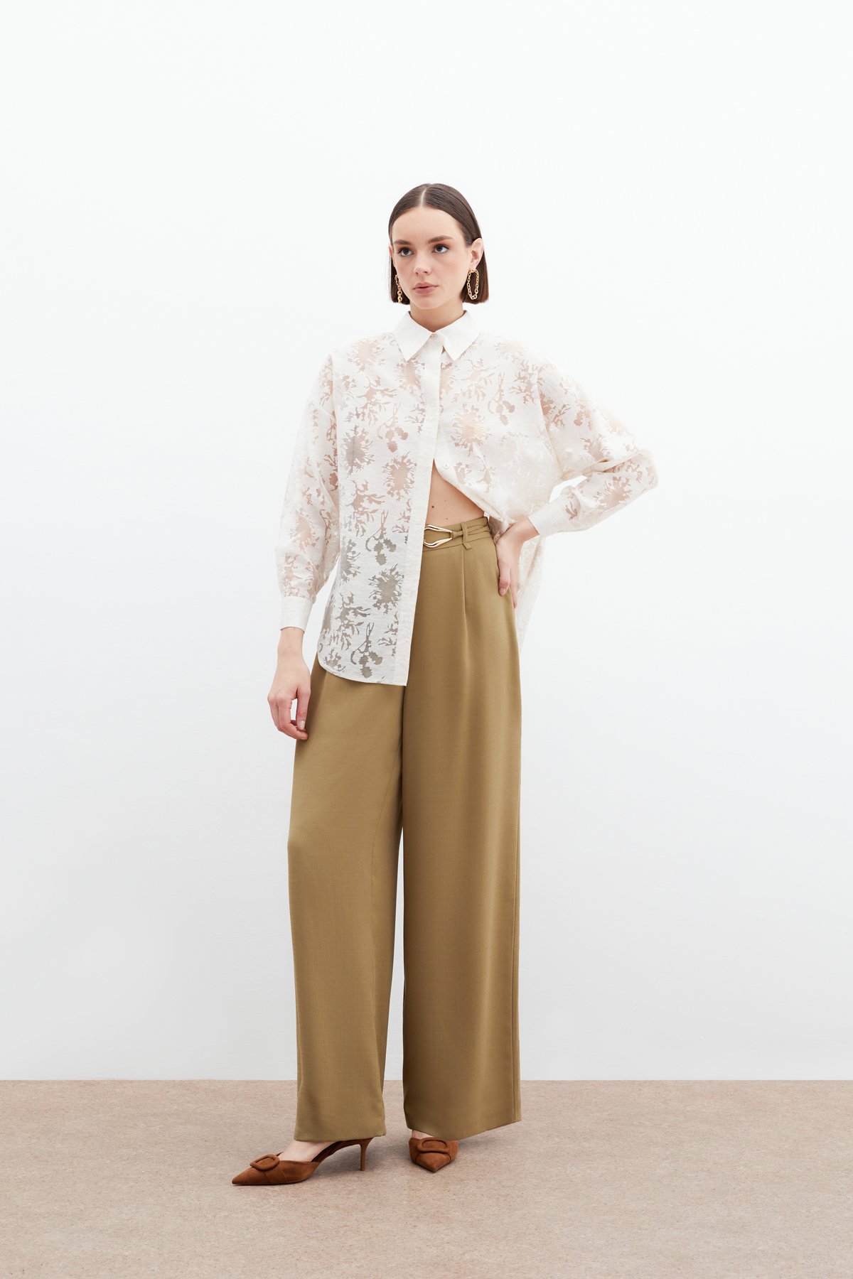 Kendinden Desenli Salaş Gömlek - Krem