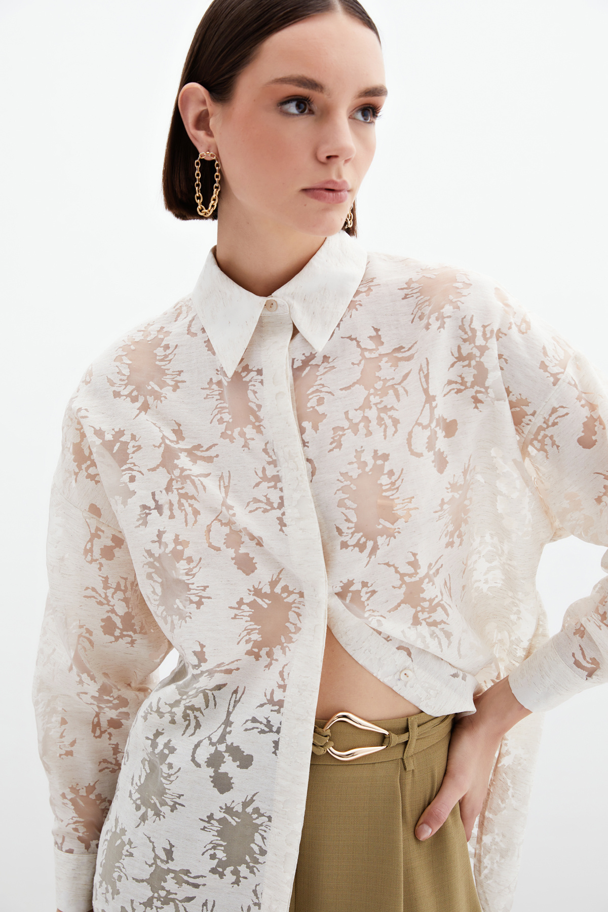 Kendinden Desenli Salaş Gömlek - Krem