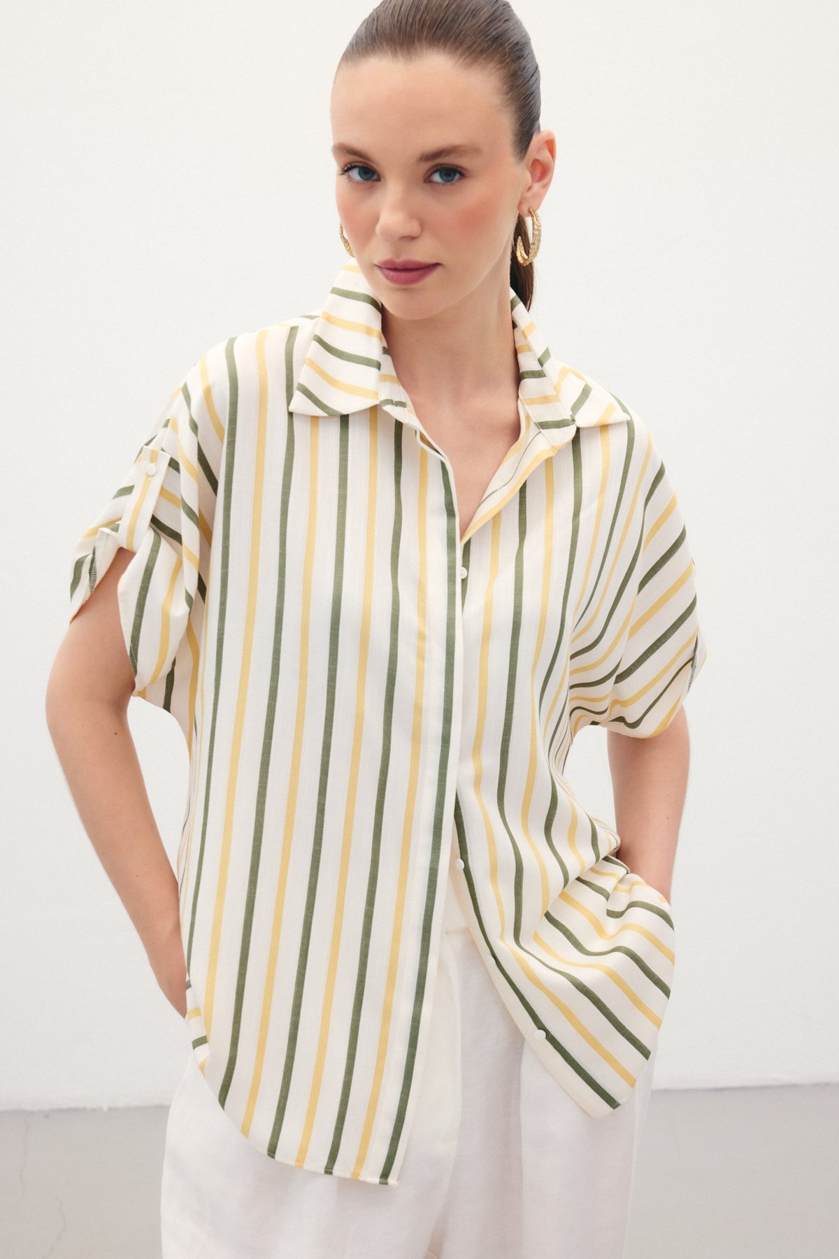 Keten Karışımlı Çizgili Gömlek - Haki