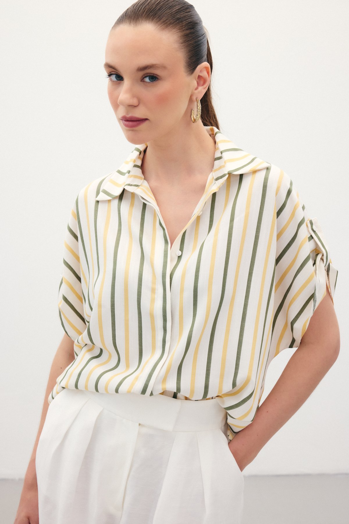 Keten Karışımlı Çizgili Gömlek - Haki