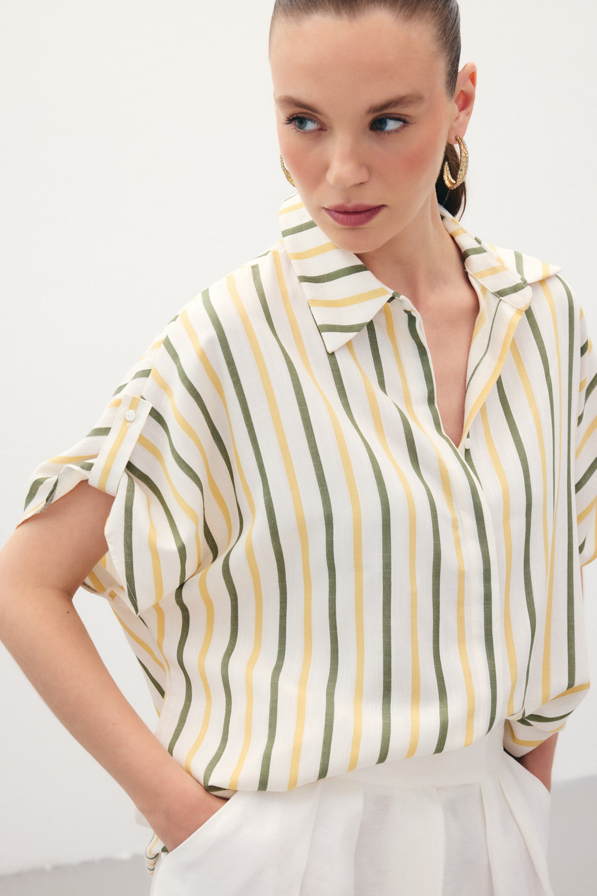 Keten Karışımlı Çizgili Gömlek - Haki