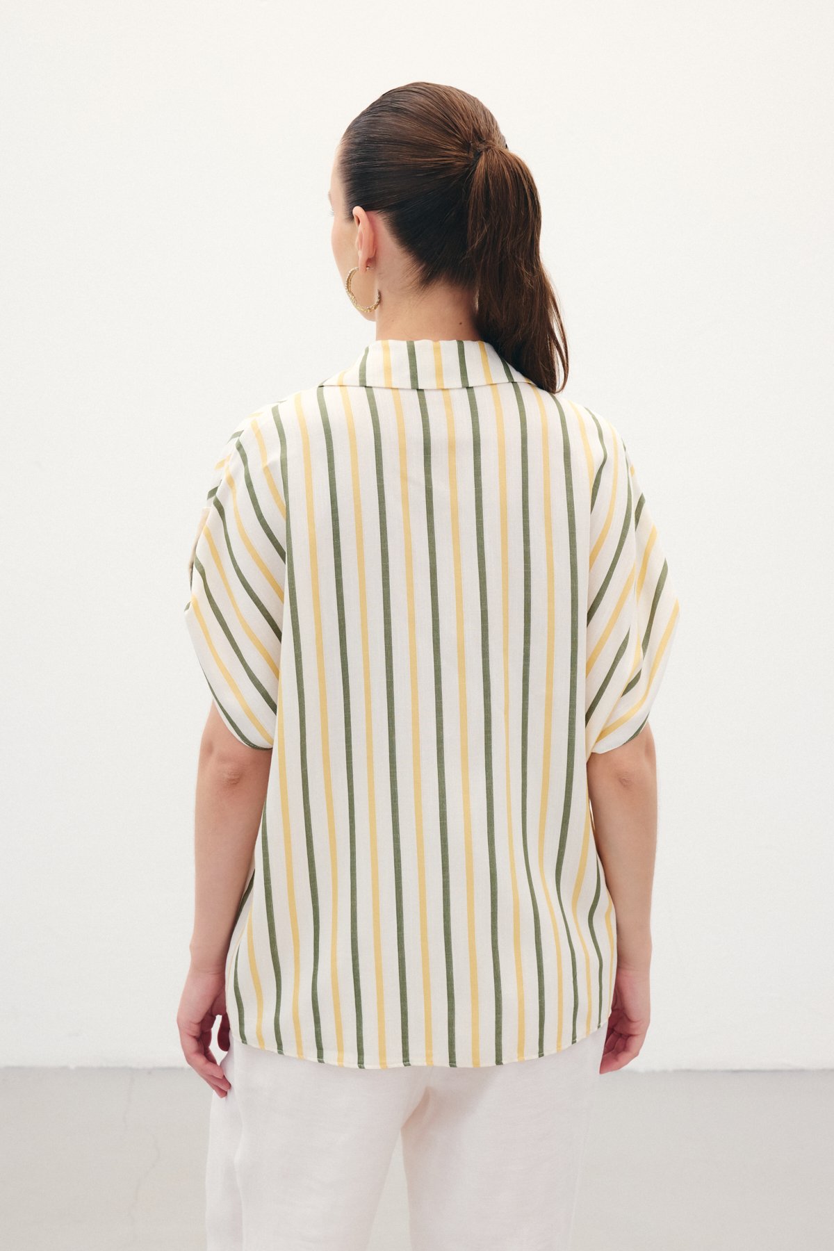 Keten Karışımlı Çizgili Gömlek - Haki