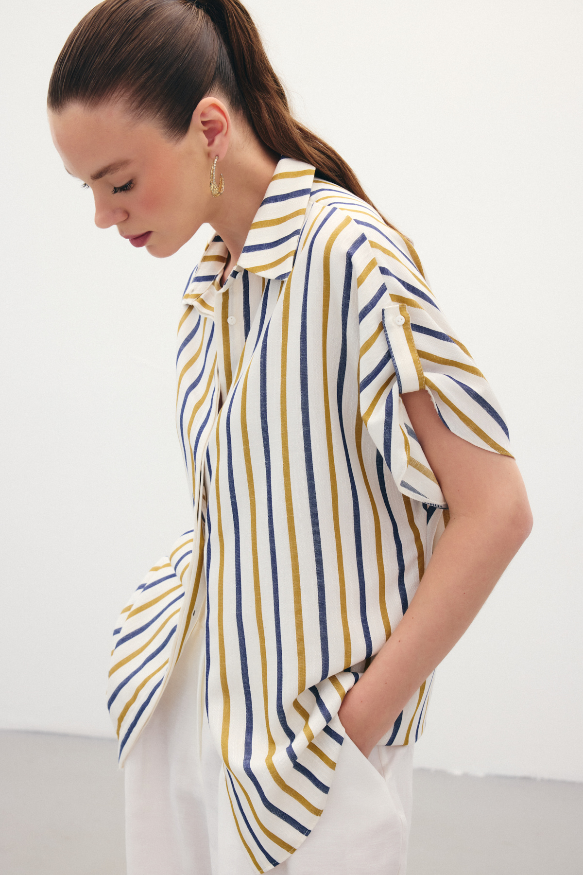 Keten Karışımlı Çizgili Gömlek - Lacivert