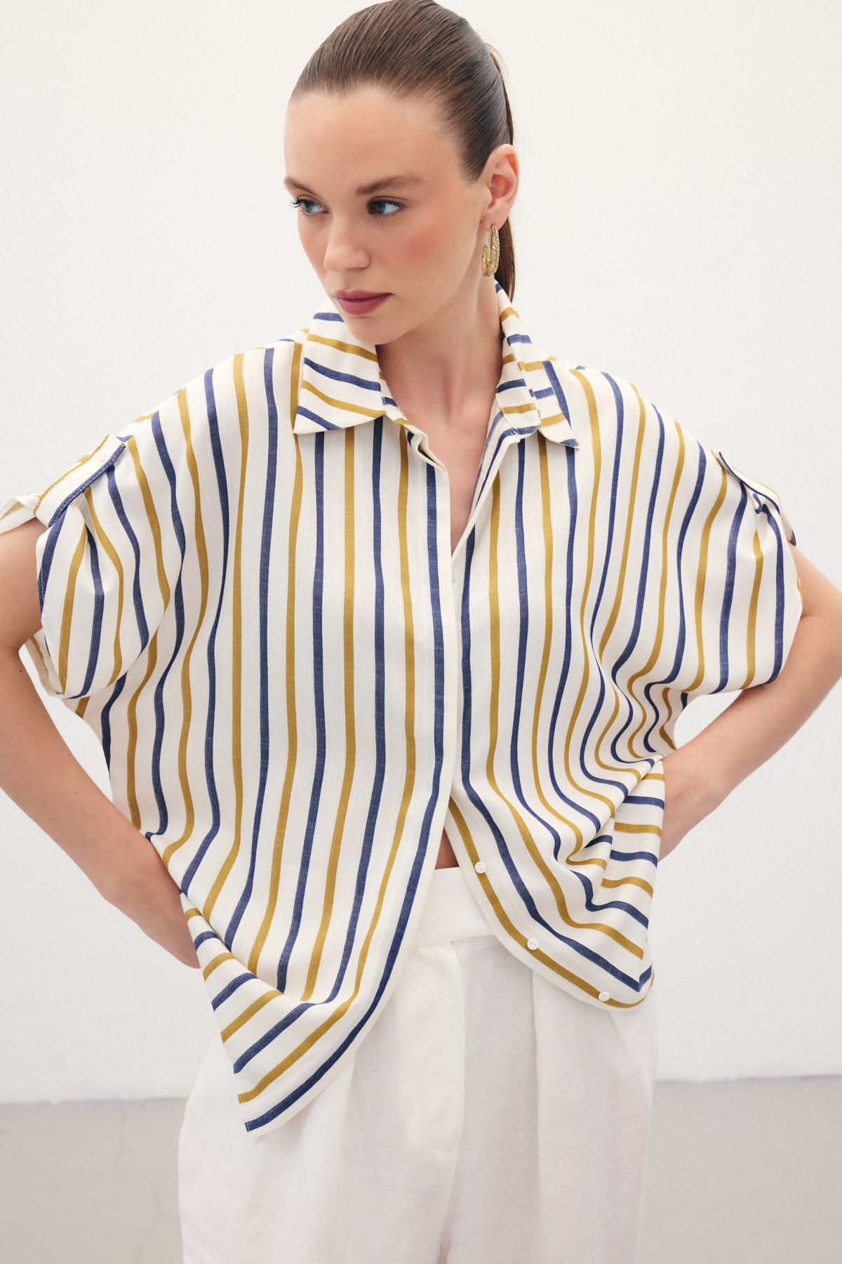 Keten Karışımlı Çizgili Gömlek - Lacivert