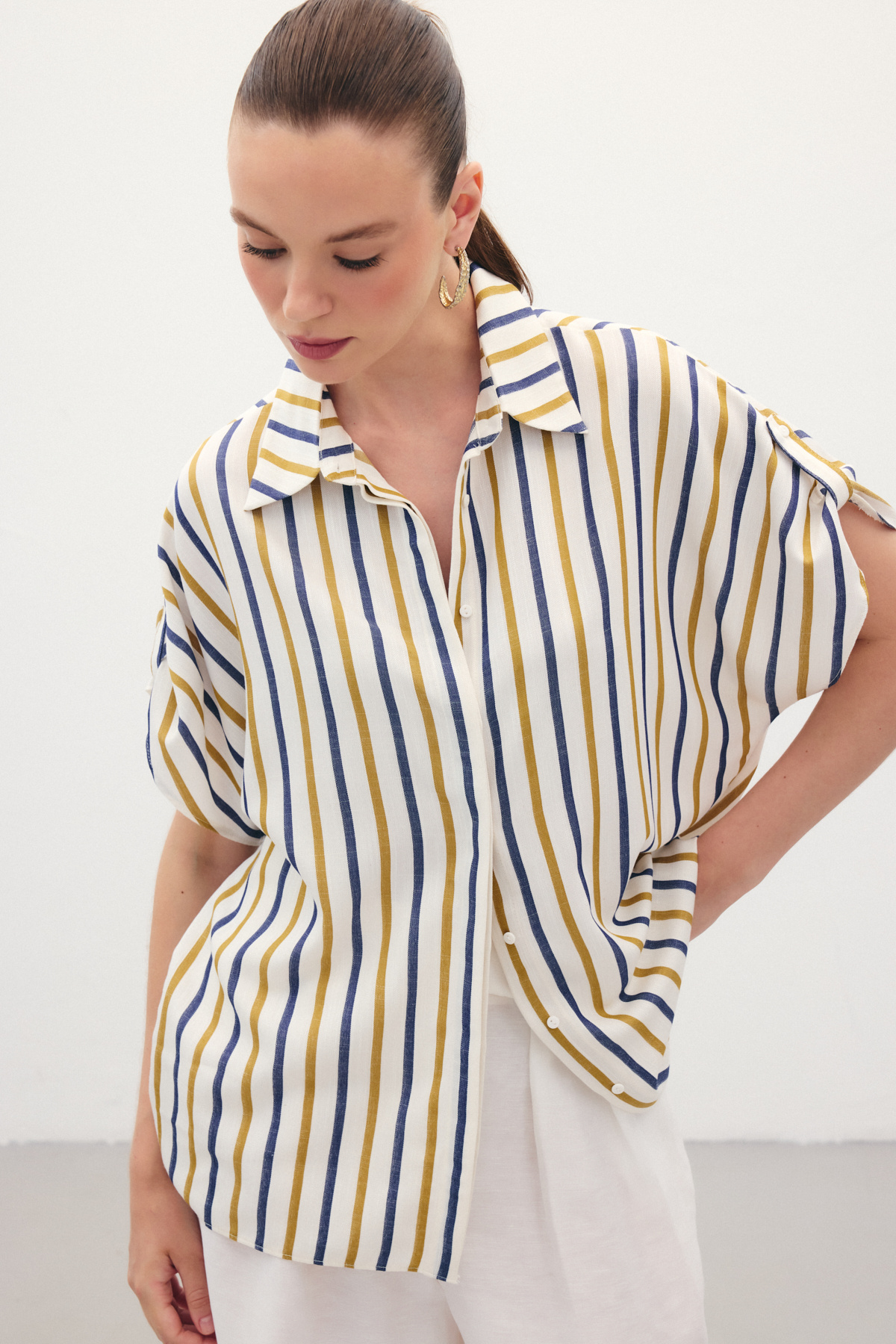 Keten Karışımlı Çizgili Gömlek - Lacivert