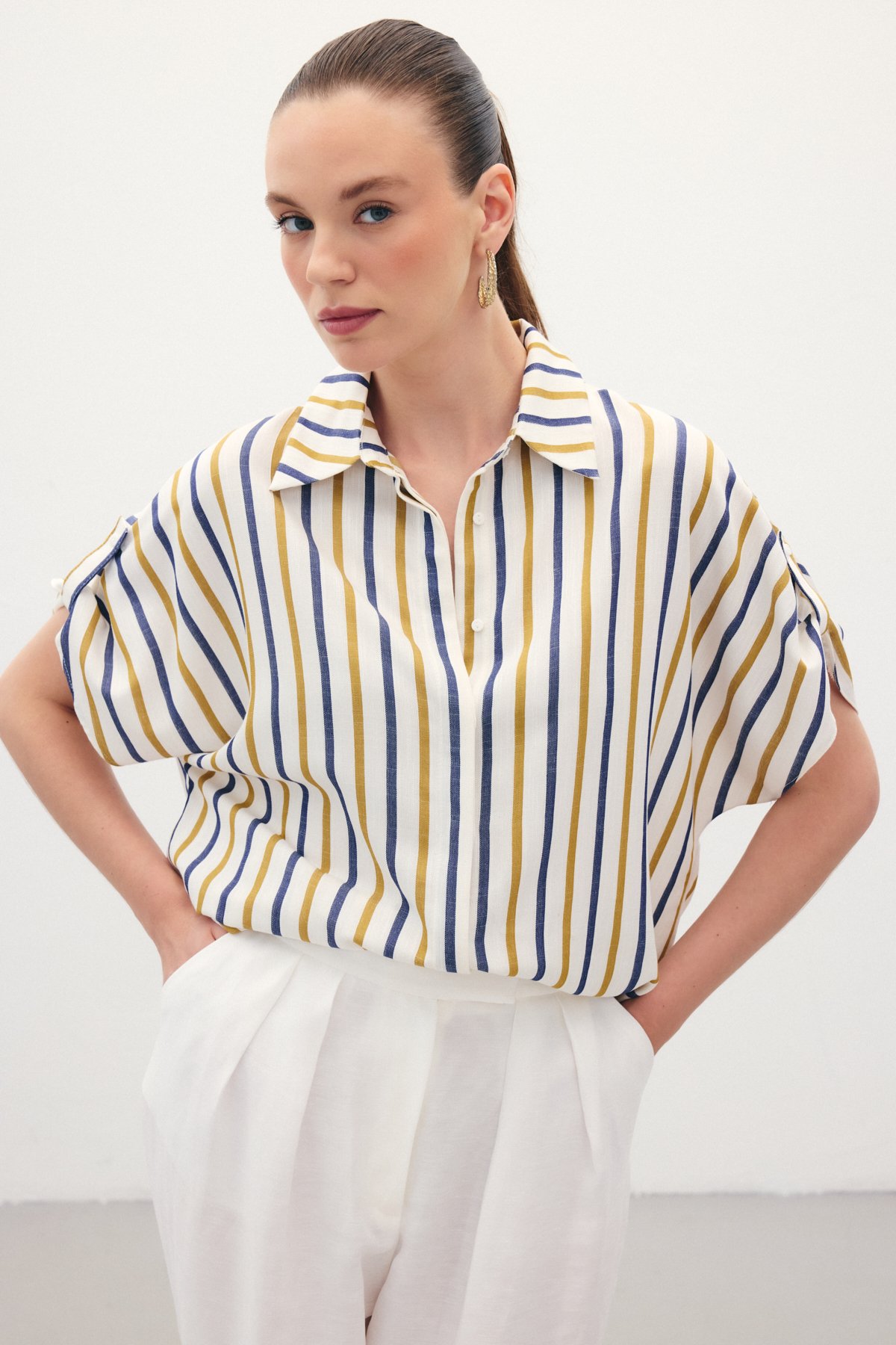 Keten Karışımlı Çizgili Gömlek - Lacivert