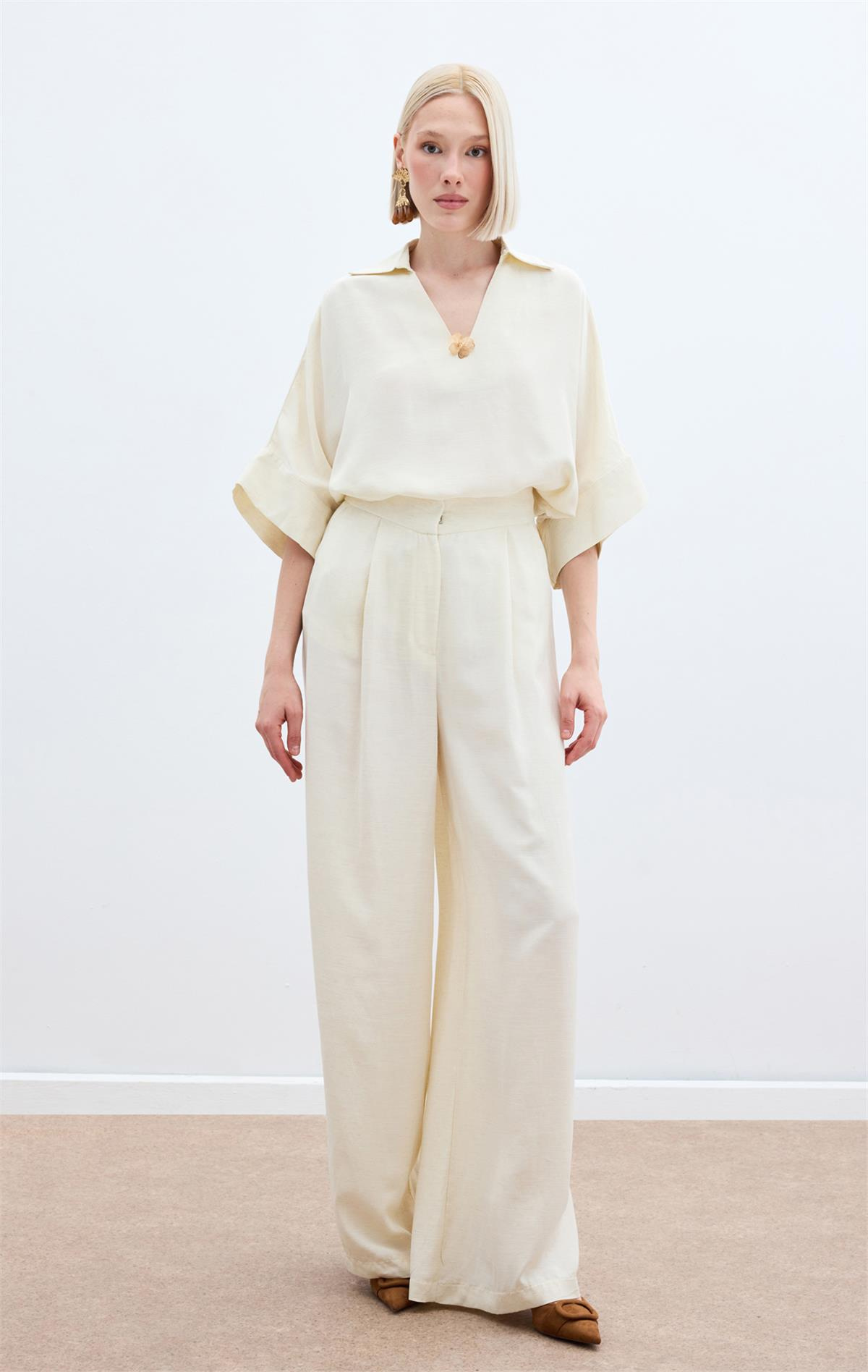 Keten Karışımlı Pantolon - Taş