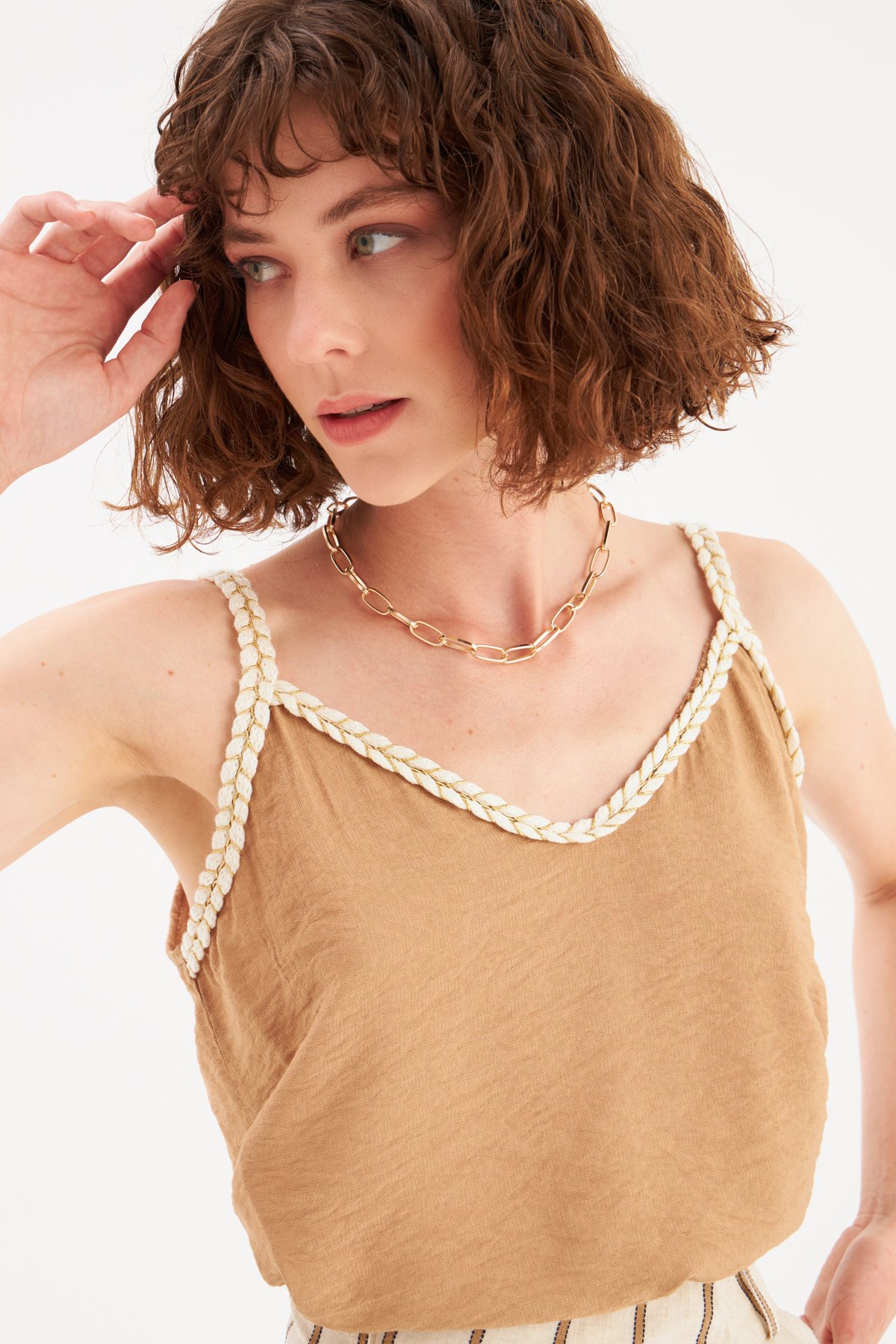 Keten Salaş Askılı Bluz - BEJ