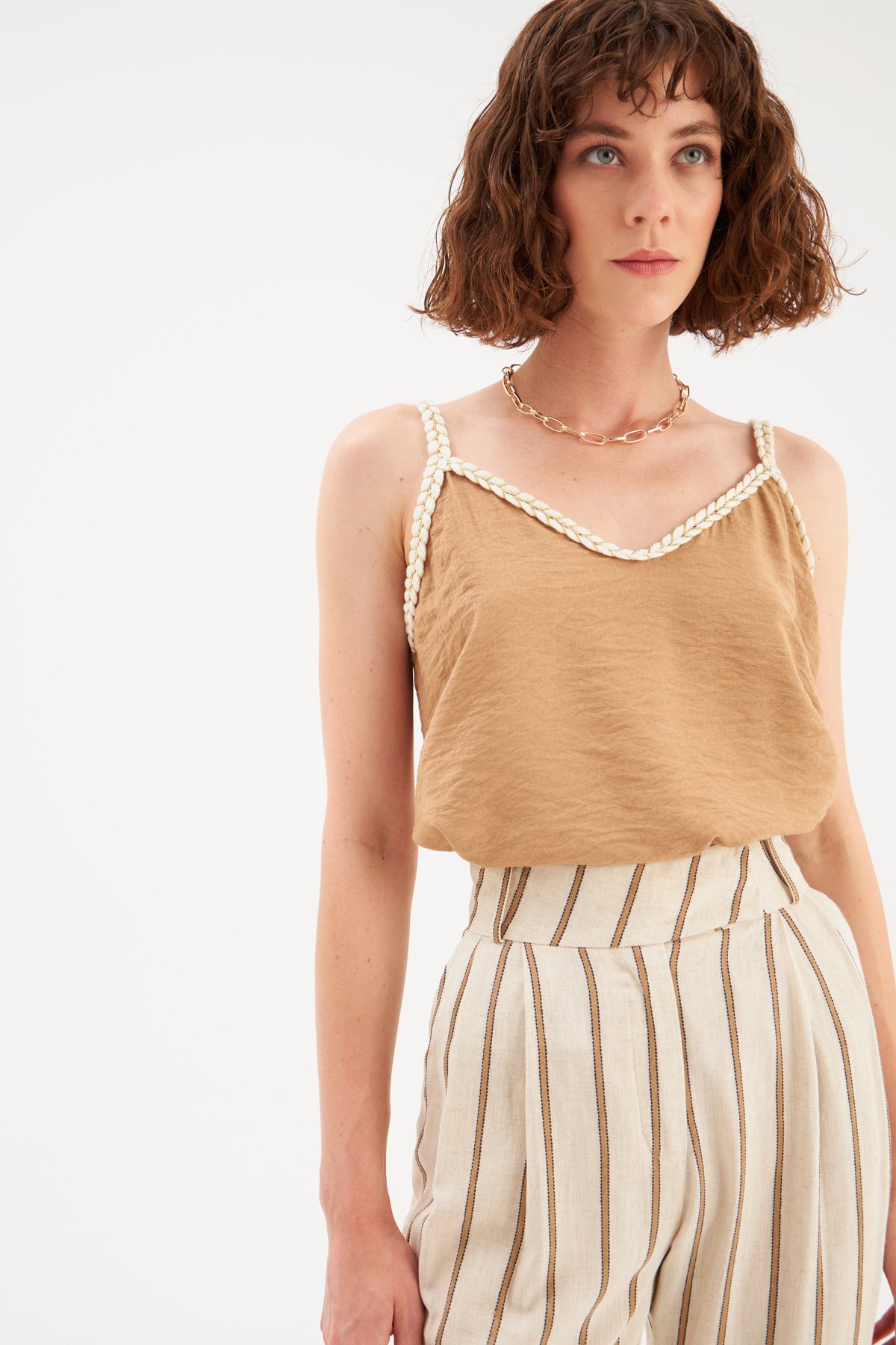 Keten Salaş Askılı Bluz - BEJ