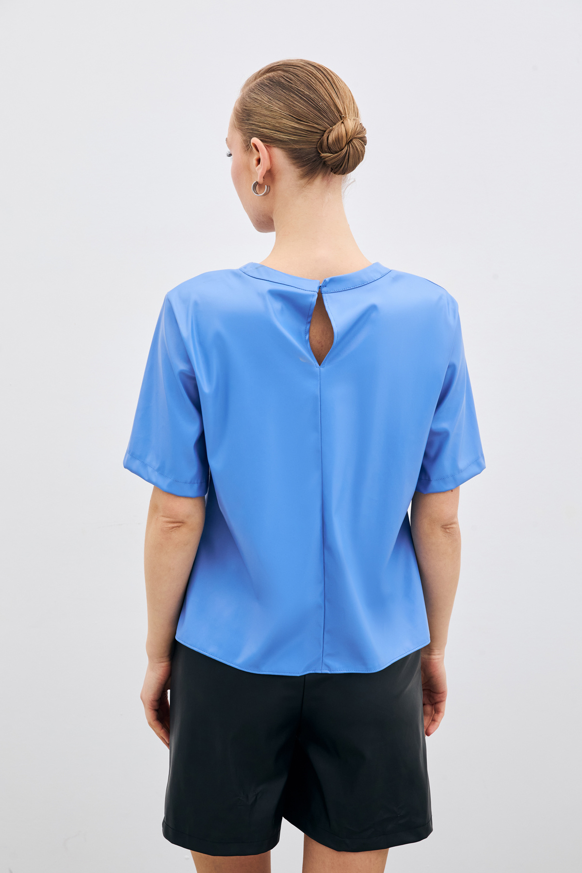 Kısa Kol Deri Bluz - Mavi