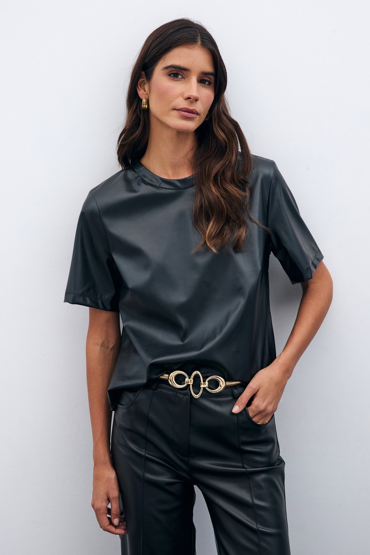 Kısa Kol Deri Bluz - SİYAH