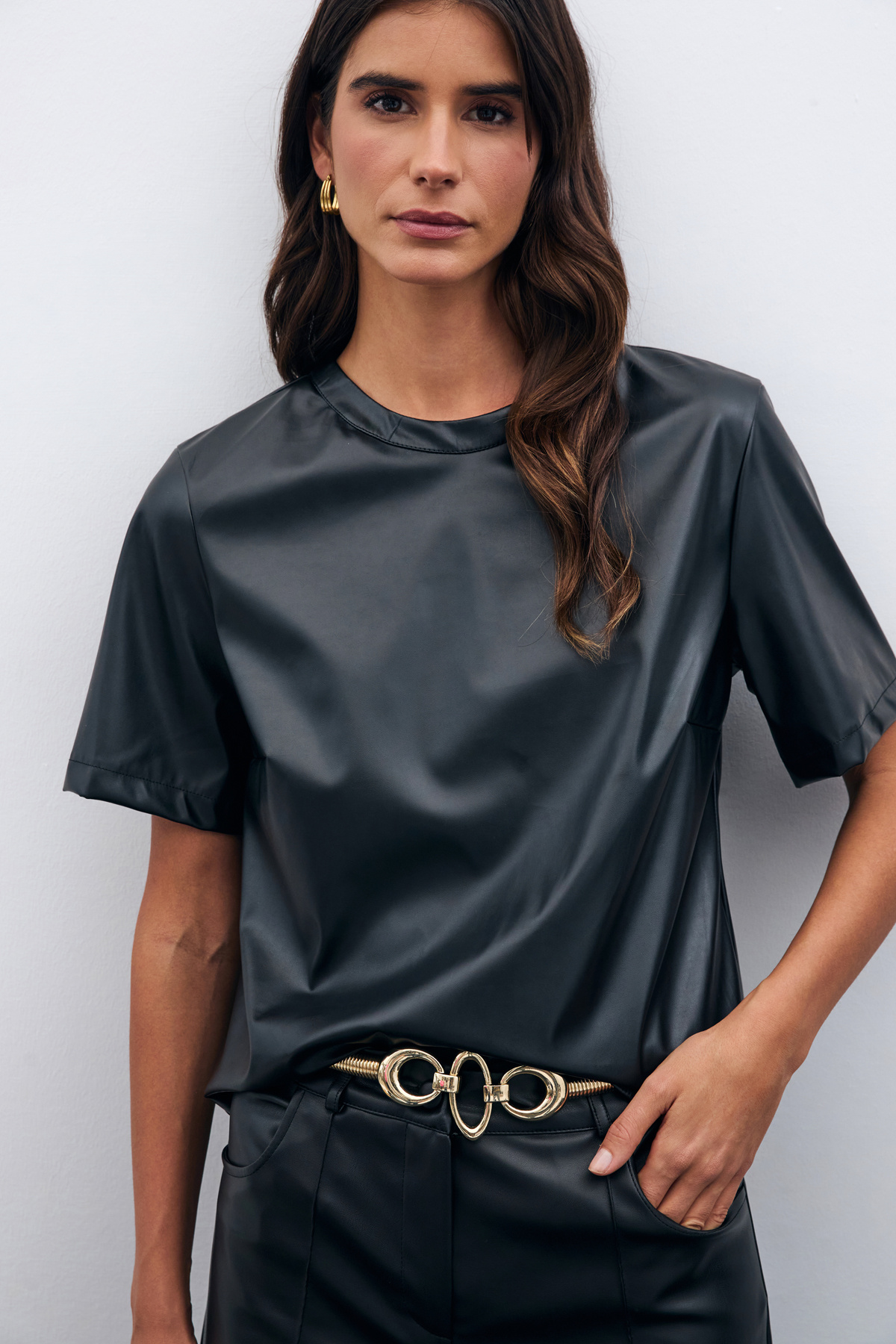 Kısa Kol Deri Bluz - SİYAH