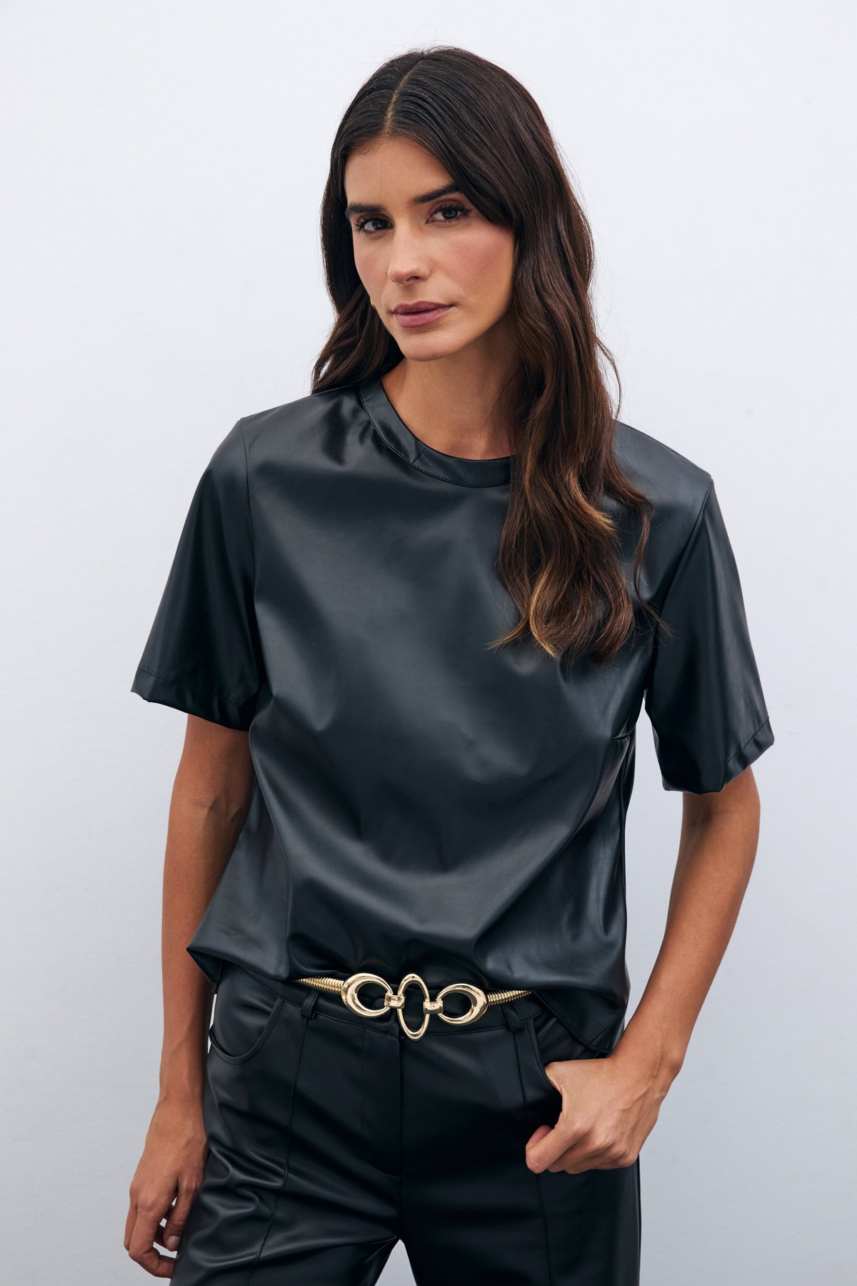 Kısa Kol Deri Bluz - SİYAH