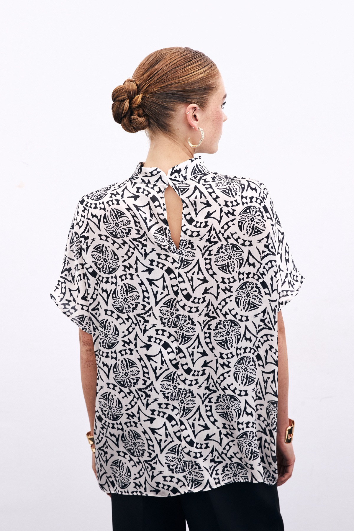 Kısa Kol Desenli Bluz - Ekru