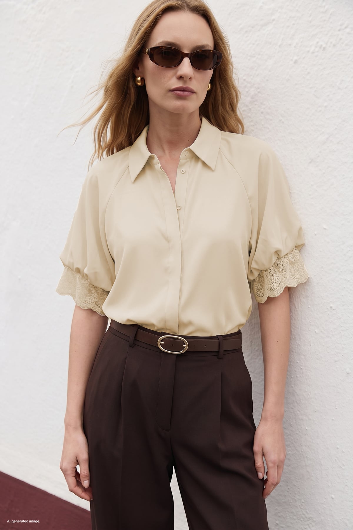 Short Sleeve Lace Detailed Shirt - Beıge