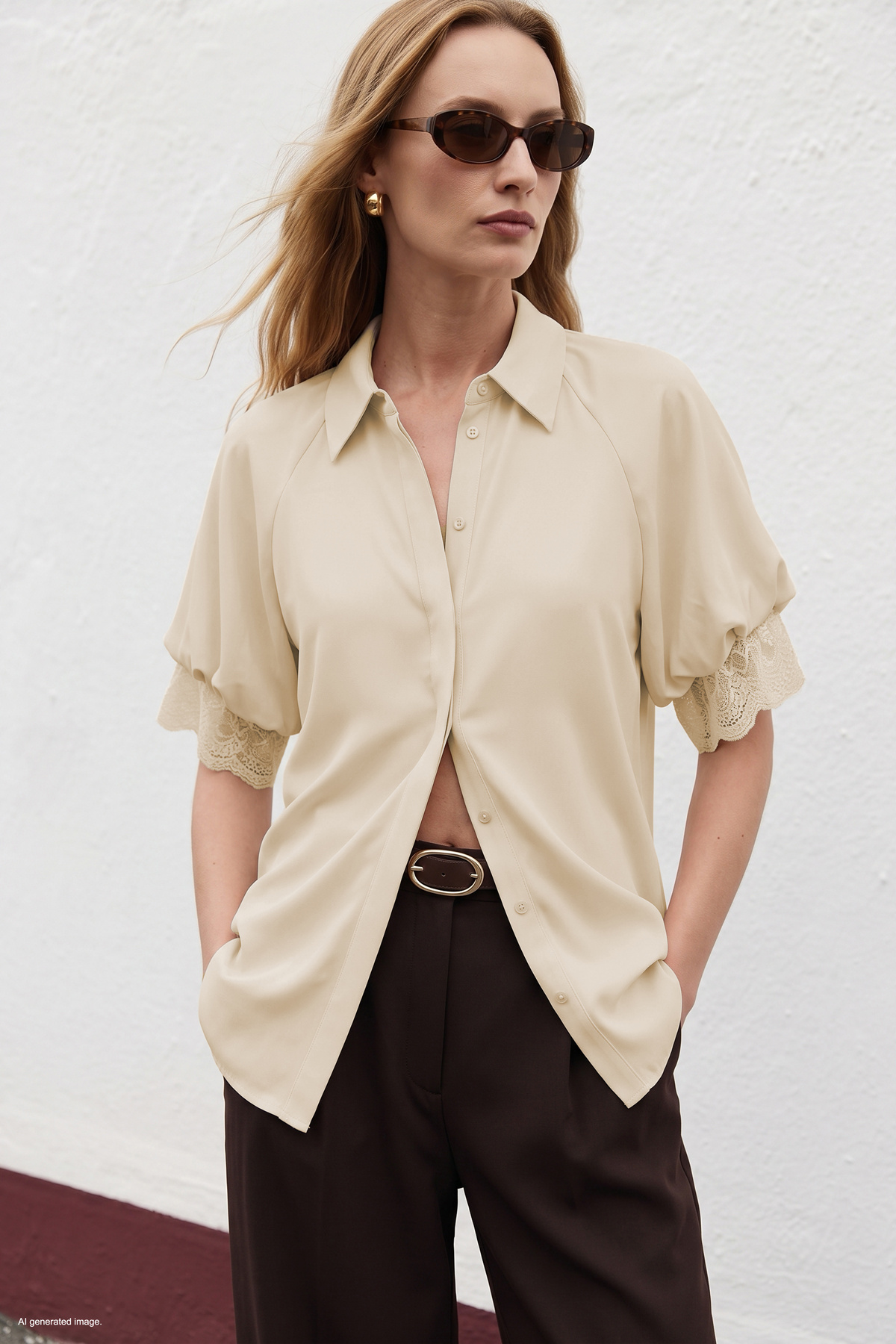 Short Sleeve Lace Detailed Shirt - Beıge