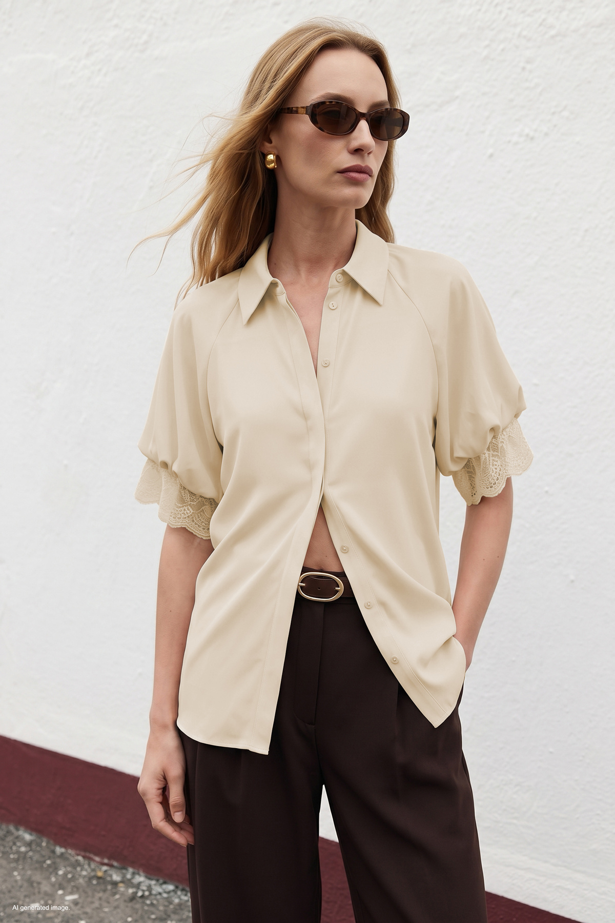 Short Sleeve Lace Detailed Shirt - Beıge