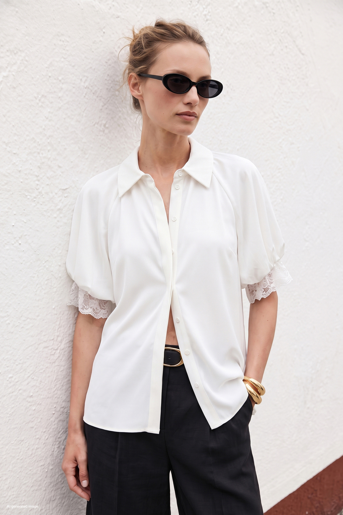 Short Sleeve Lace Detailed Shirt - Ecru