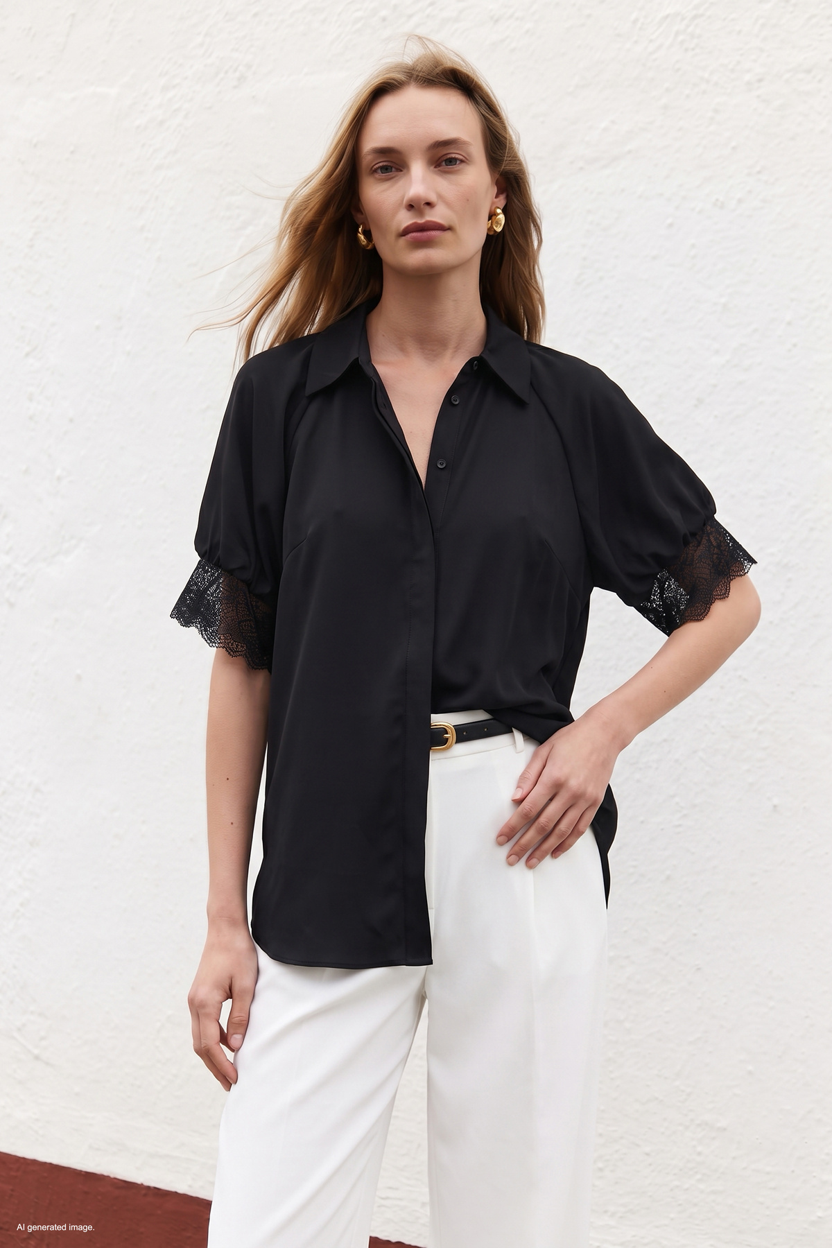 Short Sleeve Lace Detailed Shirt - Black