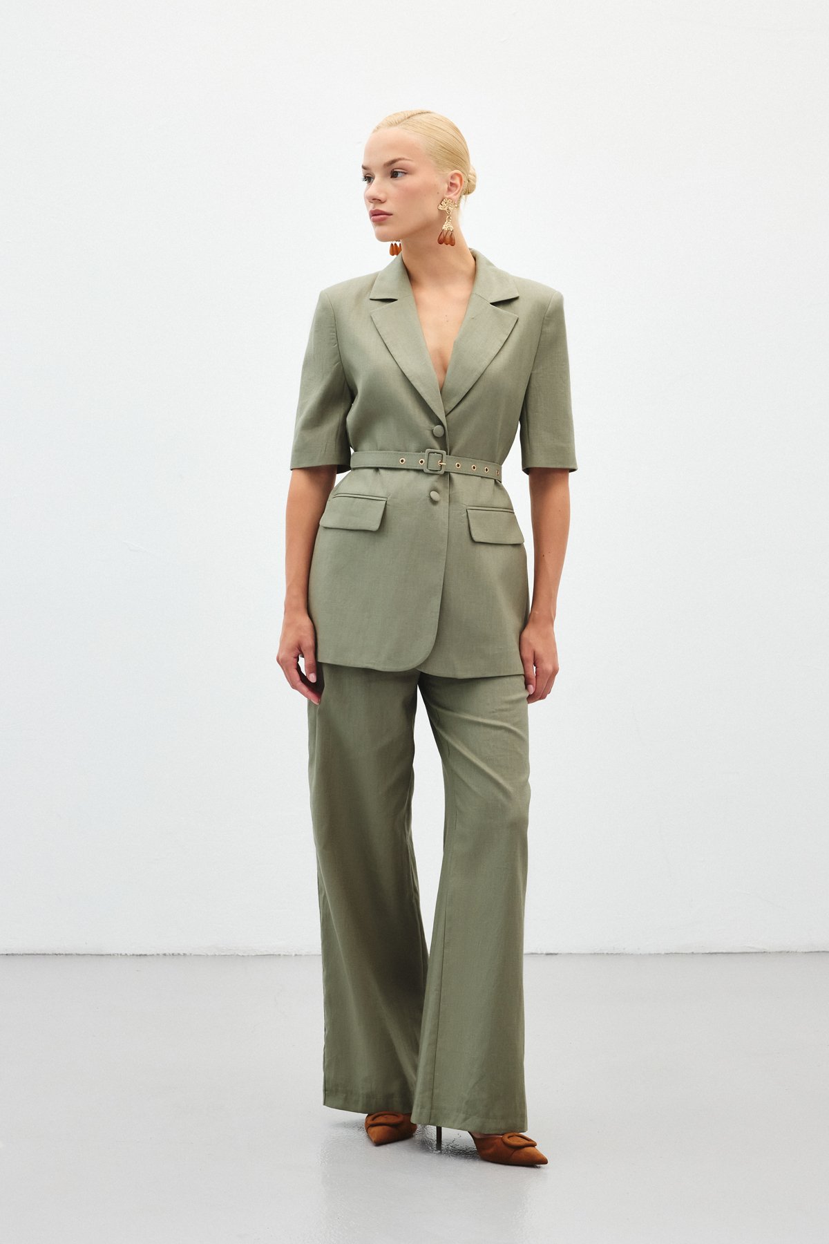 Kısa Kollu Kemerli Ceket - Haki