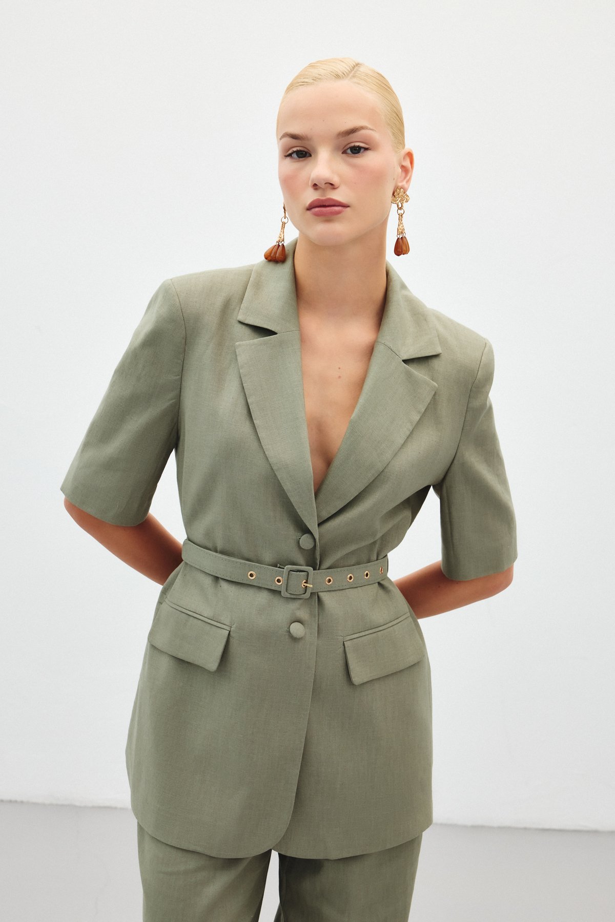 Kısa Kollu Kemerli Ceket - Haki