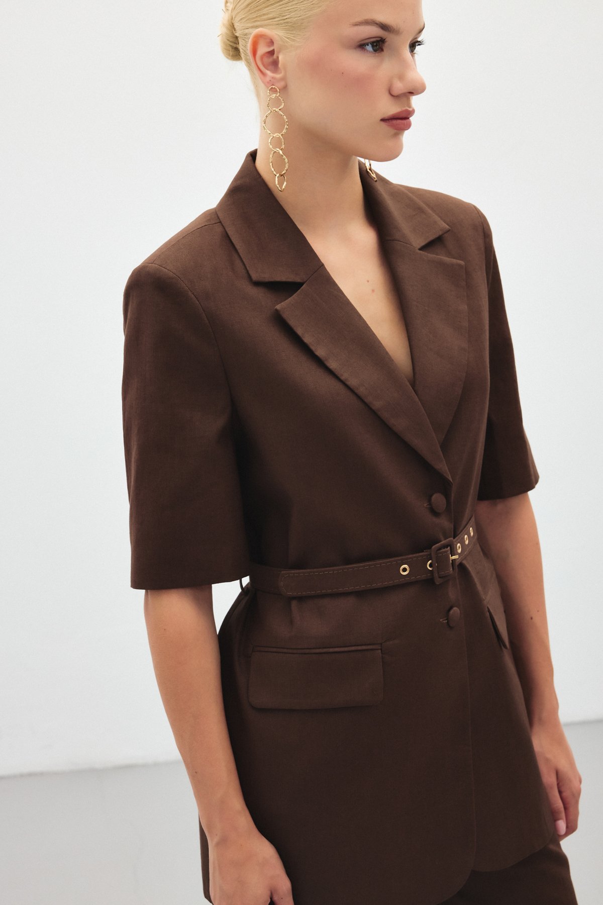 Kısa Kollu Kemerli Ceket - Kahve