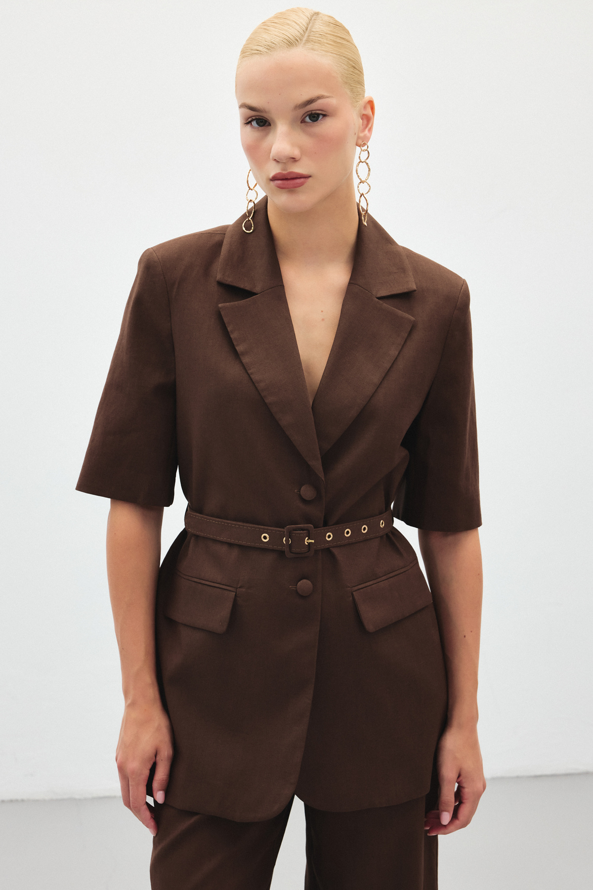 Kısa Kollu Kemerli Ceket - Kahve