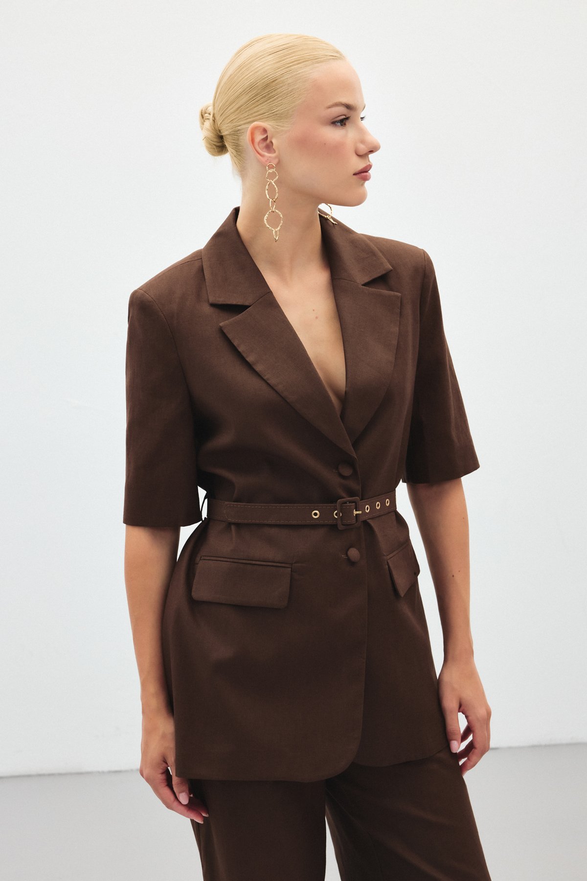 Kısa Kollu Kemerli Ceket - Kahve