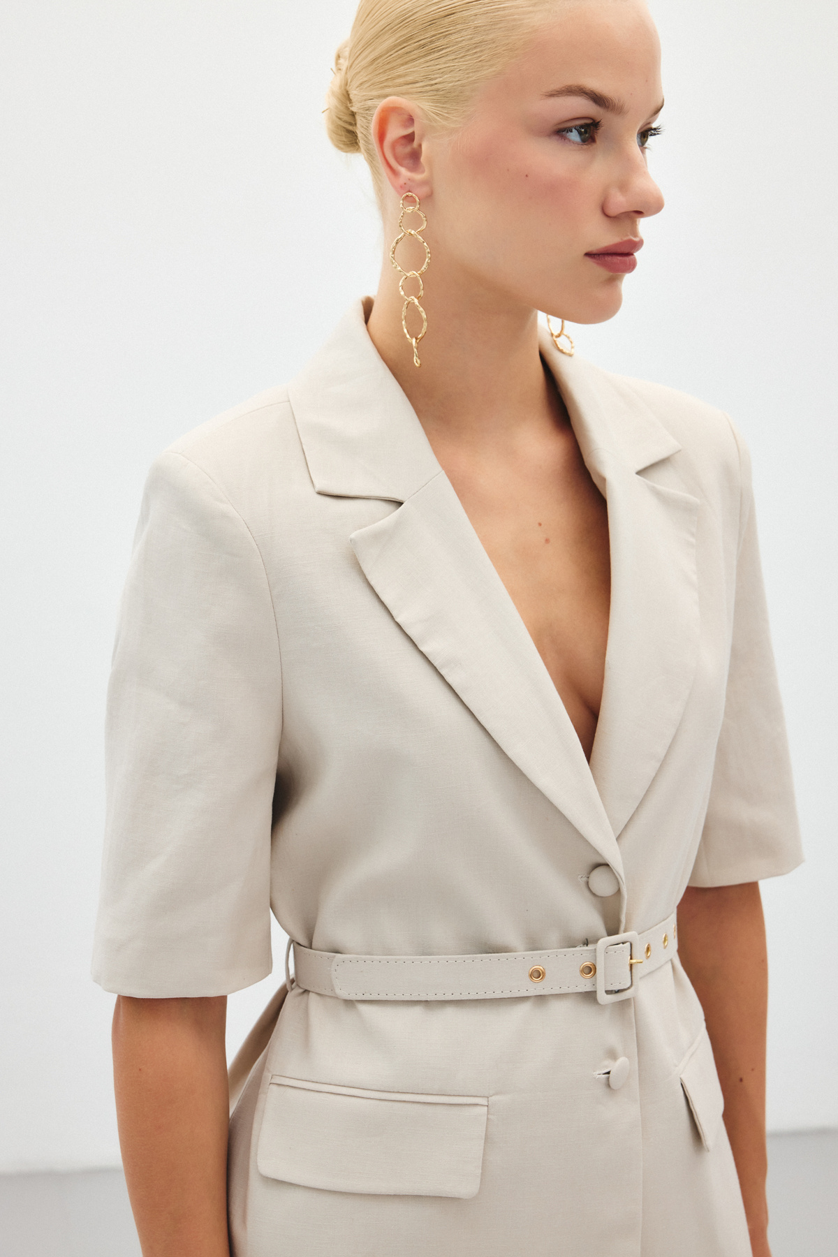 Kısa Kollu Kemerli Ceket - Taş